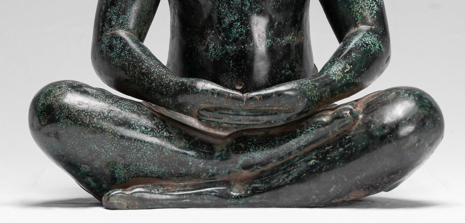 Antique Khmer Style Seated Bronze Meditation Jayavarman VII Statue - 38cm/15"
