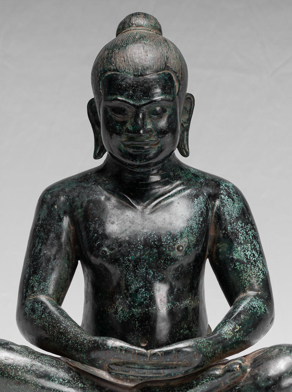 Antique Khmer Style Seated Bronze Meditation Jayavarman VII Statue - 38cm/15"