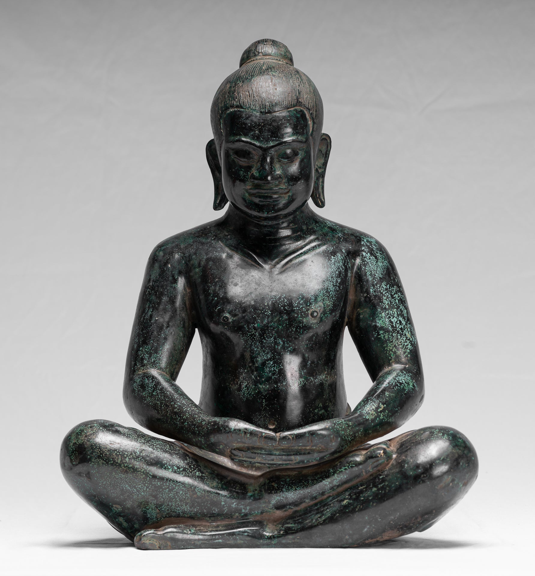 Antique Khmer Style Seated Bronze Meditation Jayavarman VII Statue - 38cm/15"
