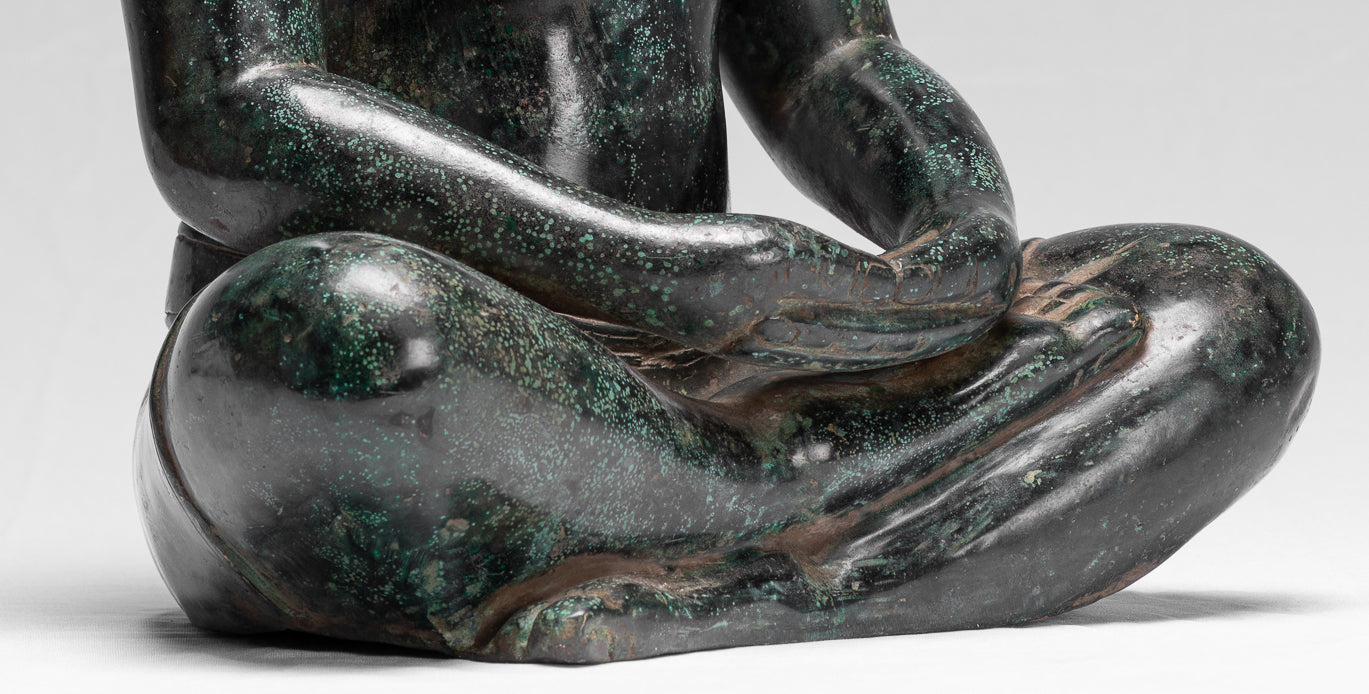 Antique Khmer Style Seated Bronze Meditation Jayavarman VII Statue - 38cm/15"