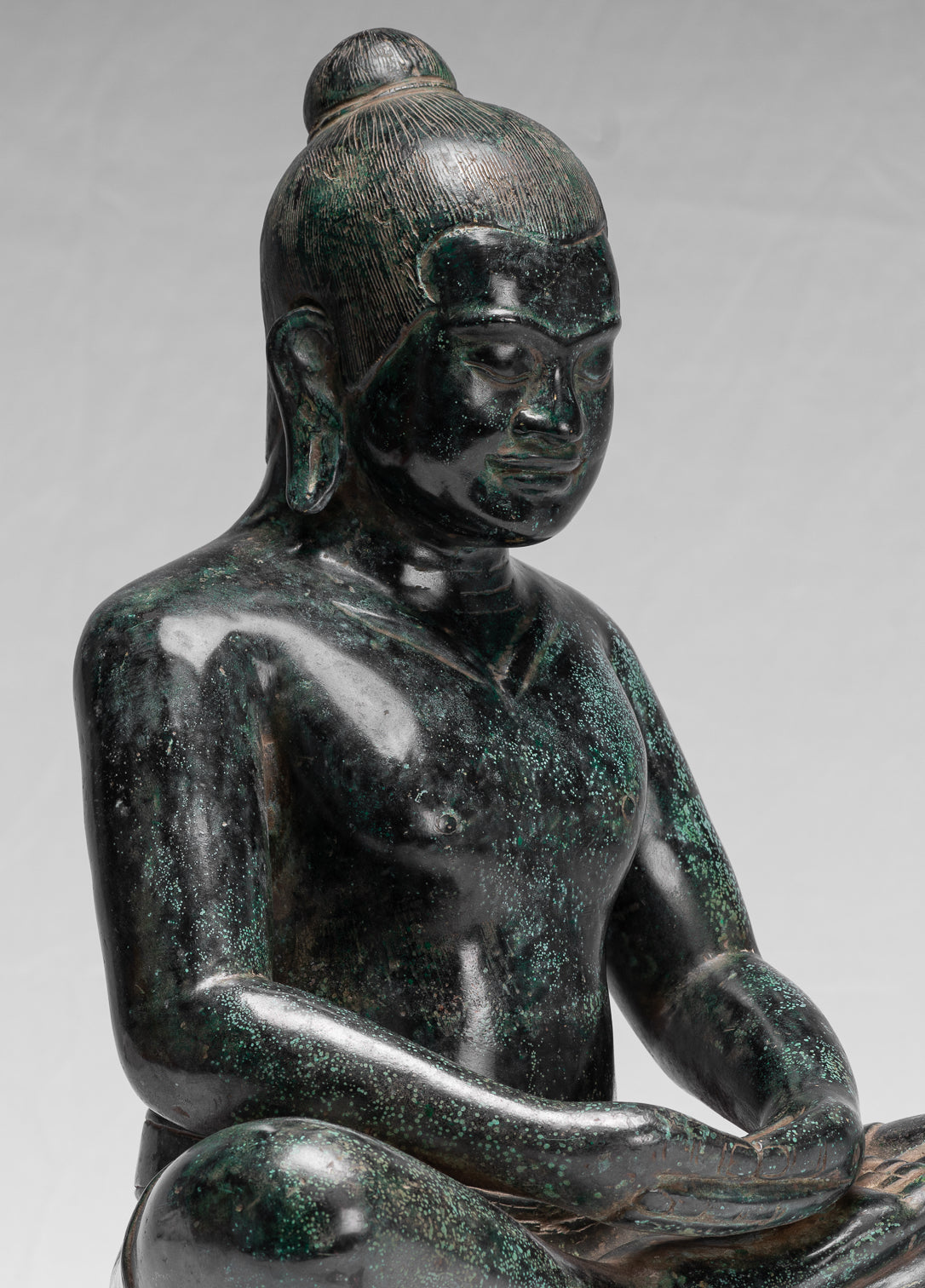 Antique Khmer Style Seated Bronze Meditation Jayavarman VII Statue - 38cm/15"