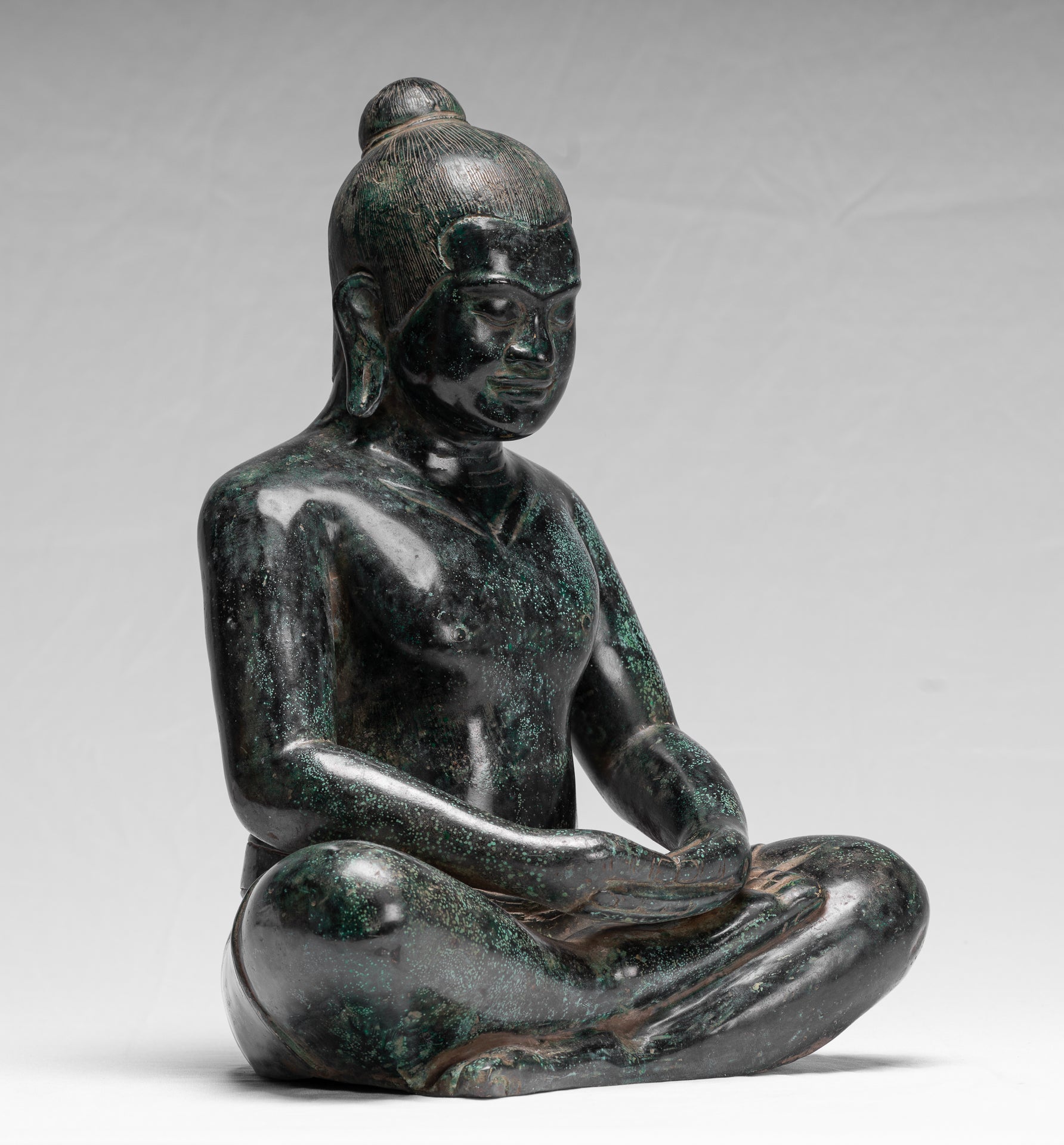 Antique Khmer Style Seated Bronze Meditation Jayavarman VII Statue - 38cm/15"