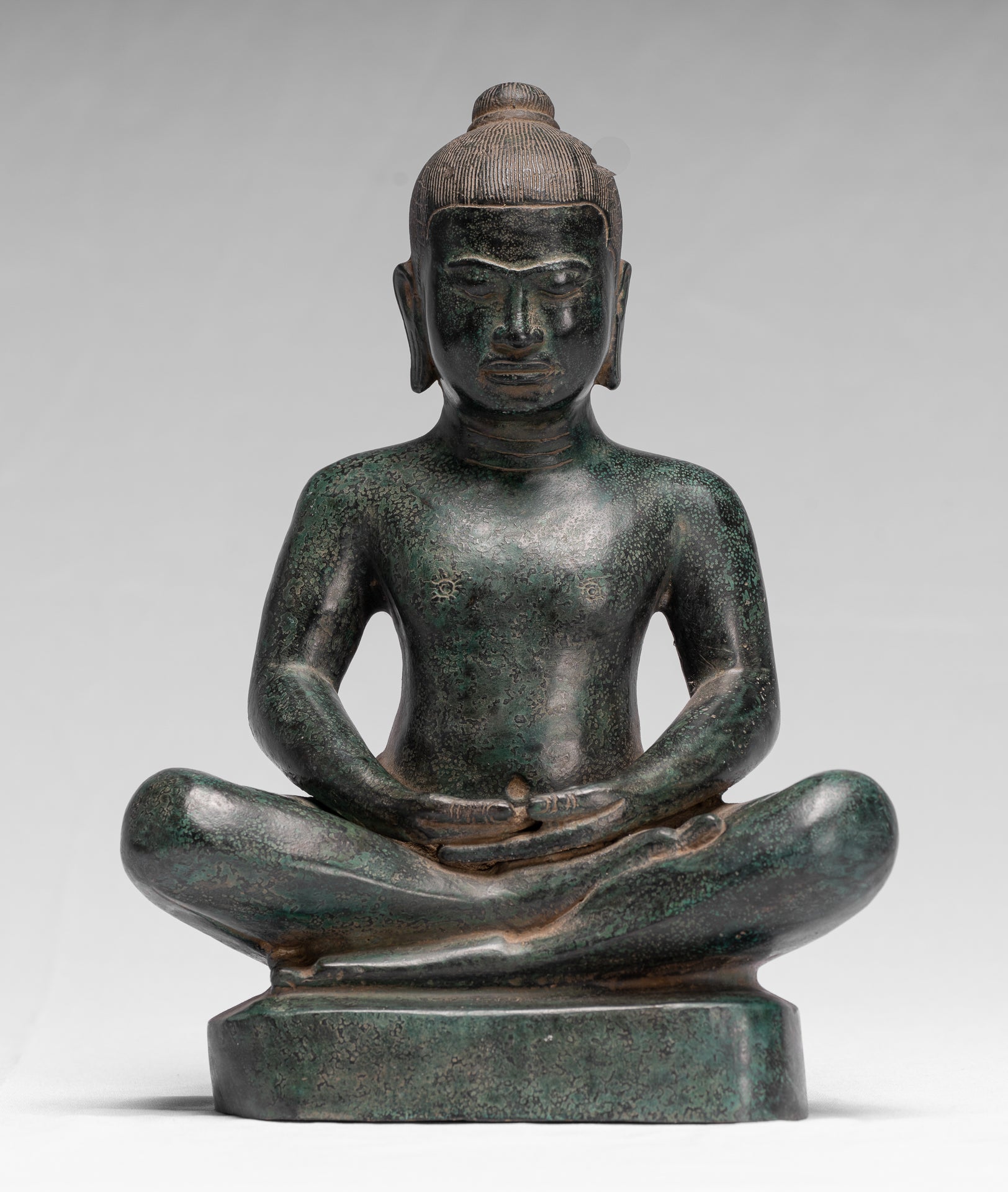Antique Khmer Style Seated Bronze Meditation Jayavarman VII Statue - 26cm/10"