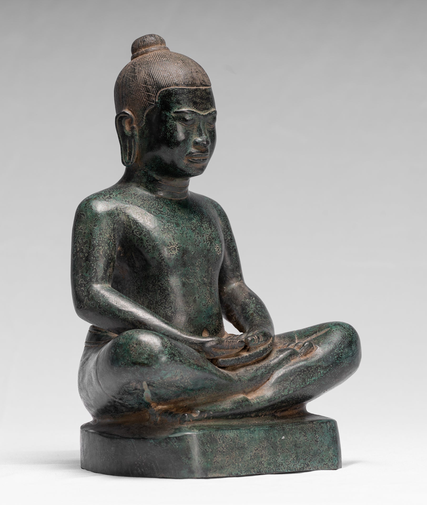 Antique Khmer Style Seated Bronze Meditation Jayavarman VII Statue - 26cm/10"