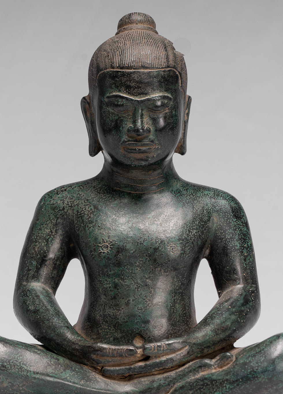 Antique Khmer Style Seated Bronze Meditation Jayavarman VII Statue - 26cm/10"