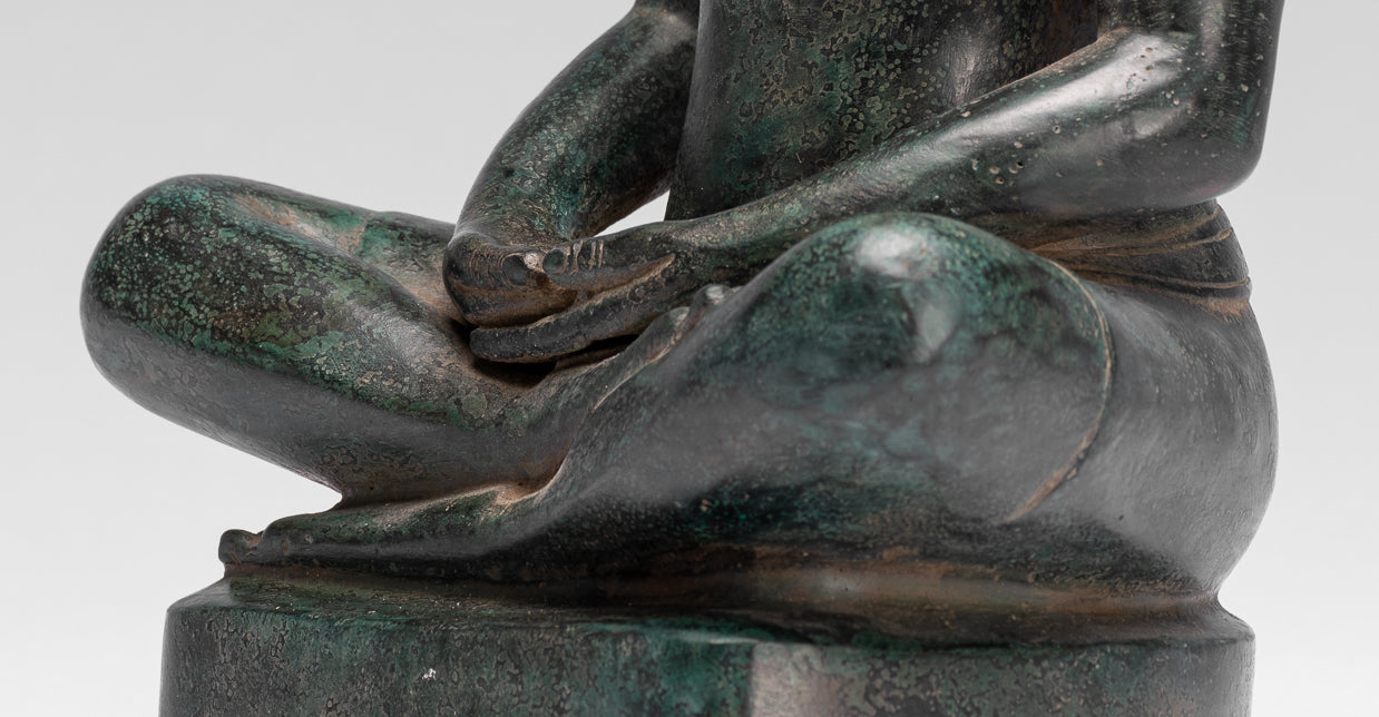 Antique Khmer Style Seated Bronze Meditation Jayavarman VII Statue - 26cm/10"