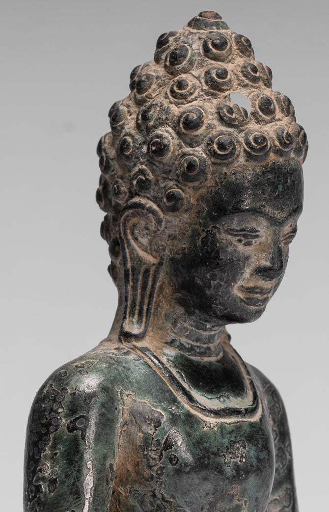 Buddha Statue - Antique Khmer Style Seated Bronze Phnom Da Meditation Buddha Statue - 20cm/8"
