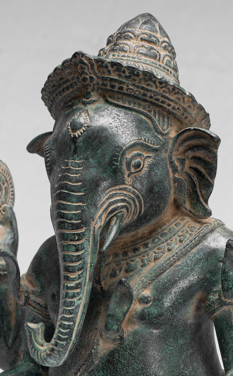 Ganesha Statue-Antique Khmer Style Bayon Bronze Seated Four Arm Ganesh Statue-36cm/14 "