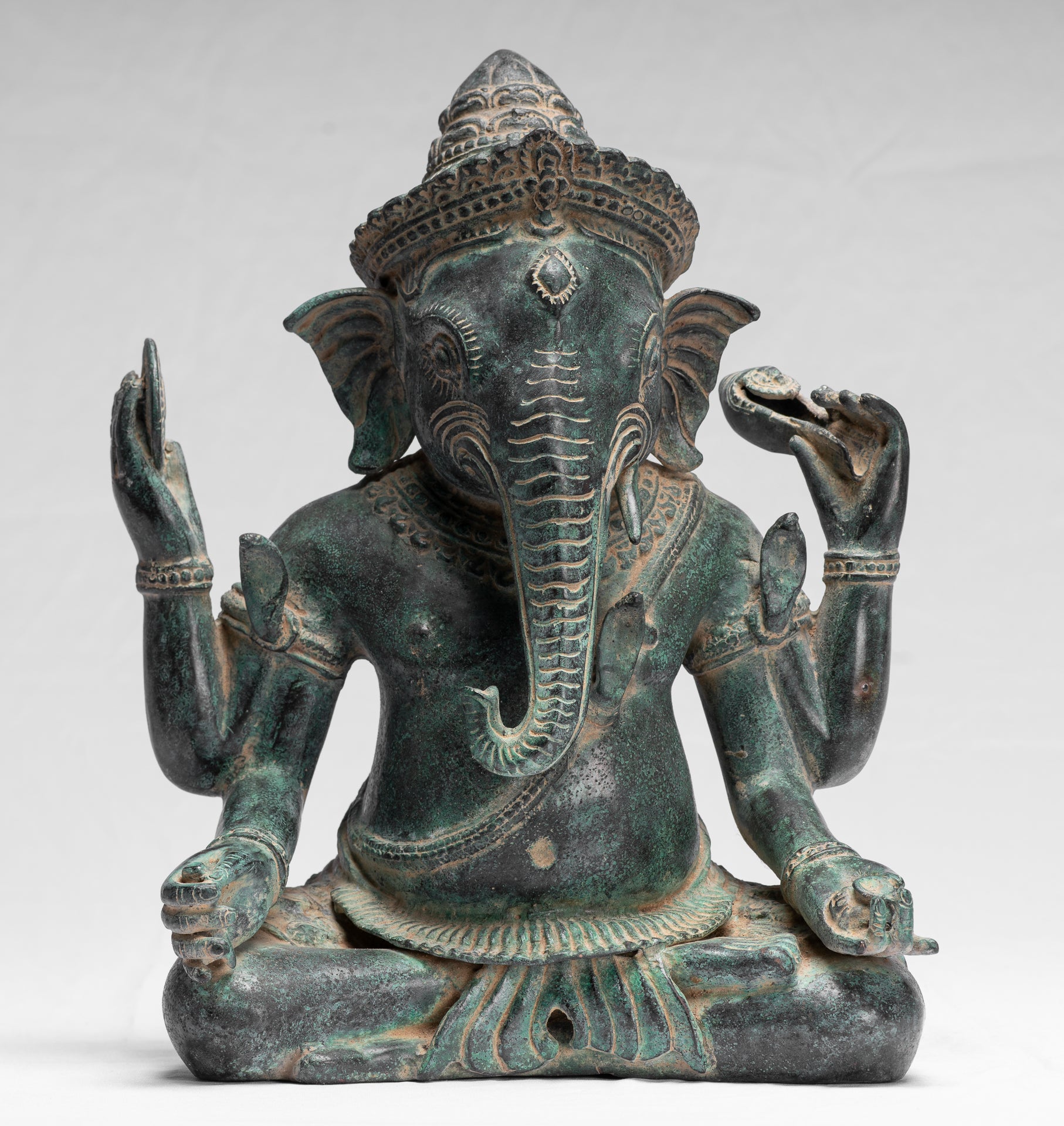 Ganesha Statue-Antique Khmer Style Bayon Bronze Seated Four Arm Ganesh Statue-36cm/14 "