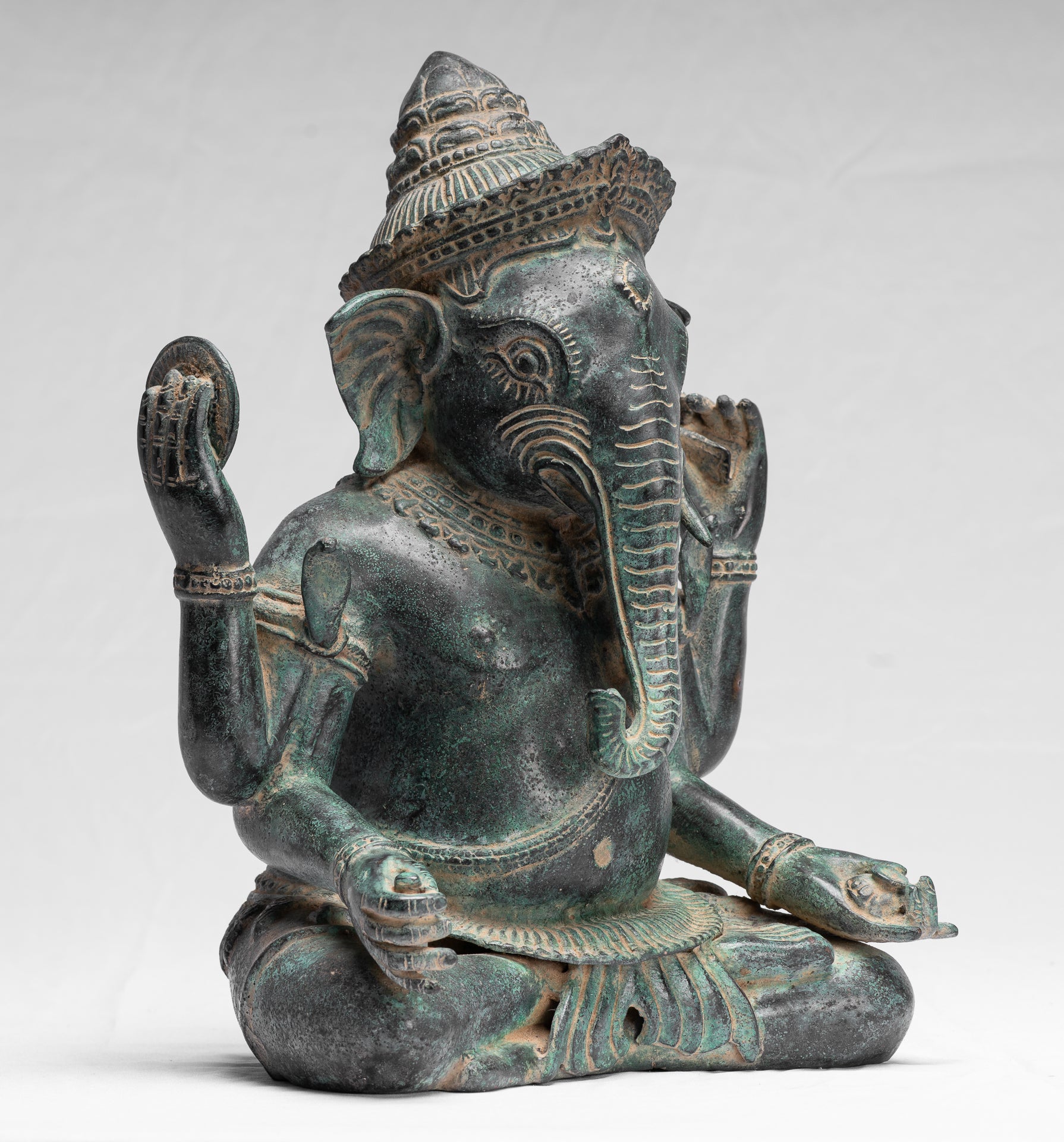 Ganesha Statue-Antique Khmer Style Bayon Bronze Seated Four Arm Ganesh Statue-36cm/14 "