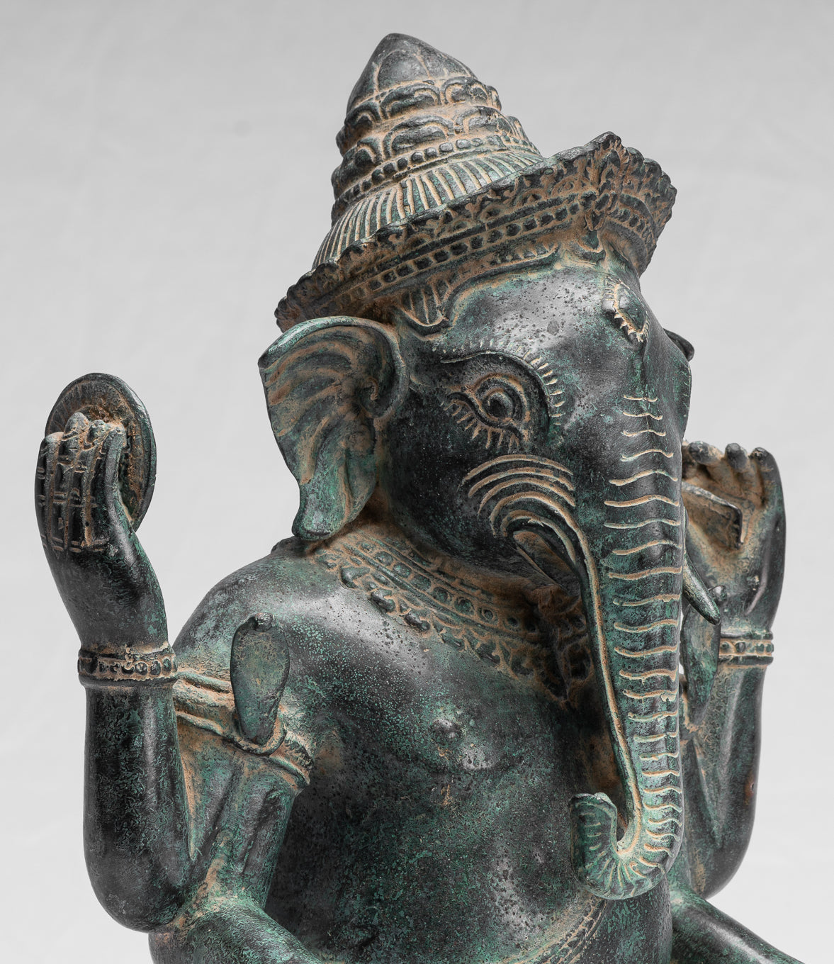 Ganesha Statue-Antique Khmer Style Bayon Bronze Seated Four Arm Ganesh Statue-36cm/14 "