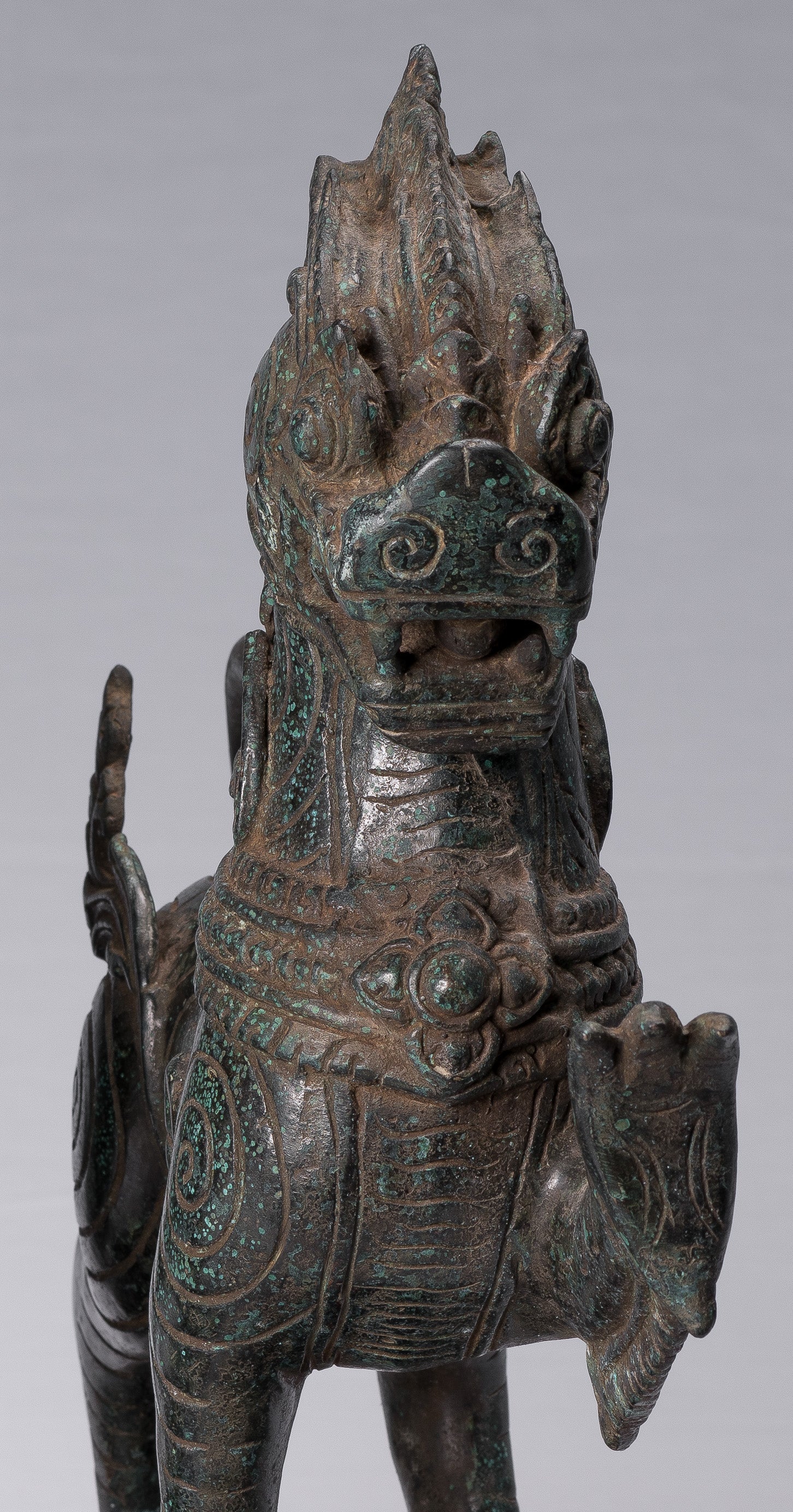 Antique Burmese Style Bronze Standing Chinthe Guardian Temple Lions - 37cm/15"