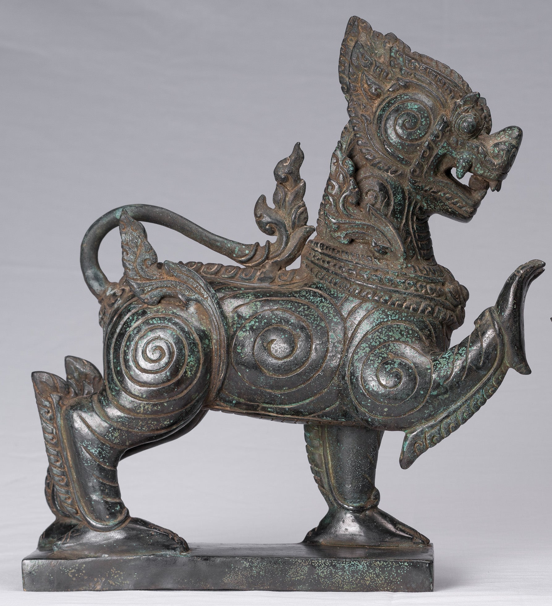 Antique Burmese Style Bronze Standing Chinthe Guardian Temple Lions - 37cm/15"