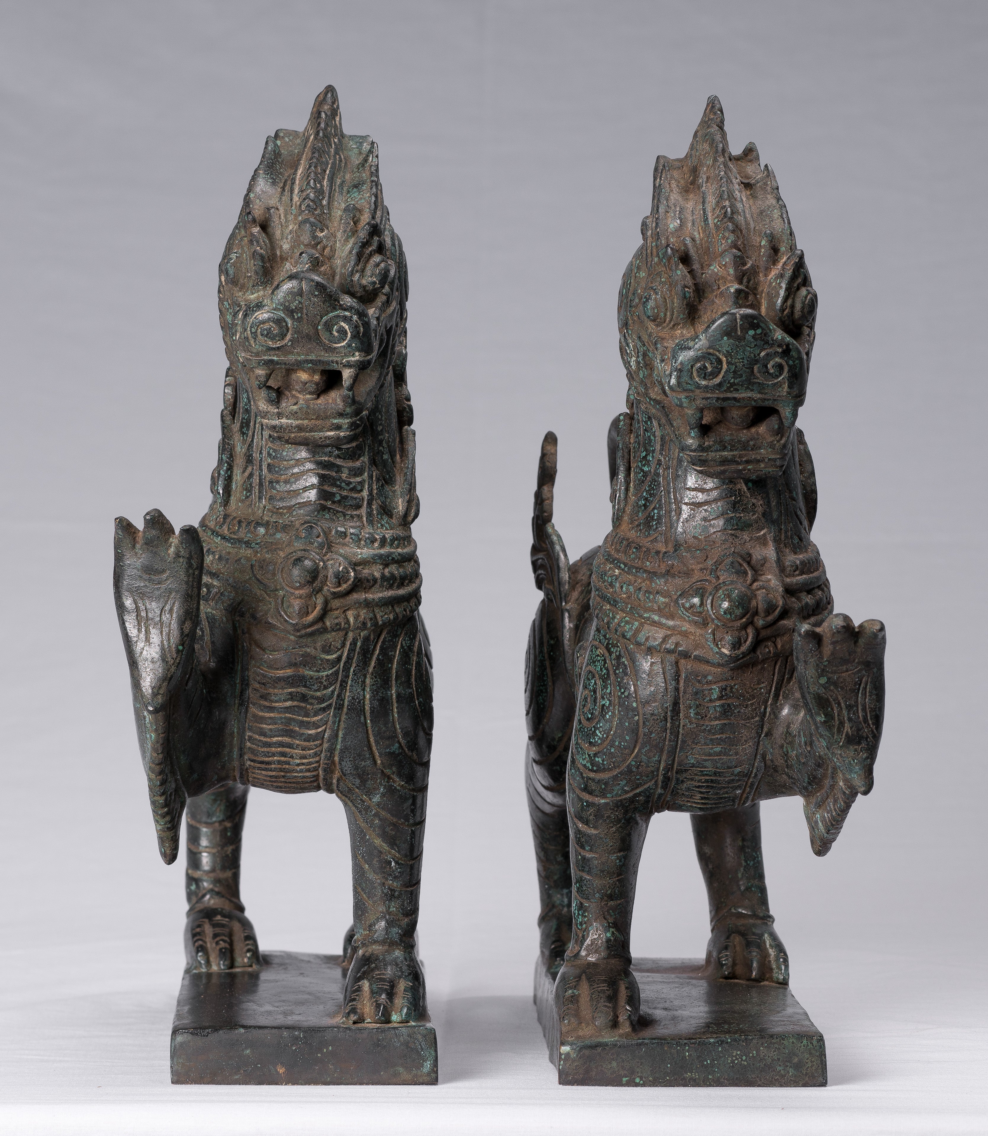 Antique Burmese Style Bronze Standing Chinthe Guardian Temple Lions - 37cm/15"