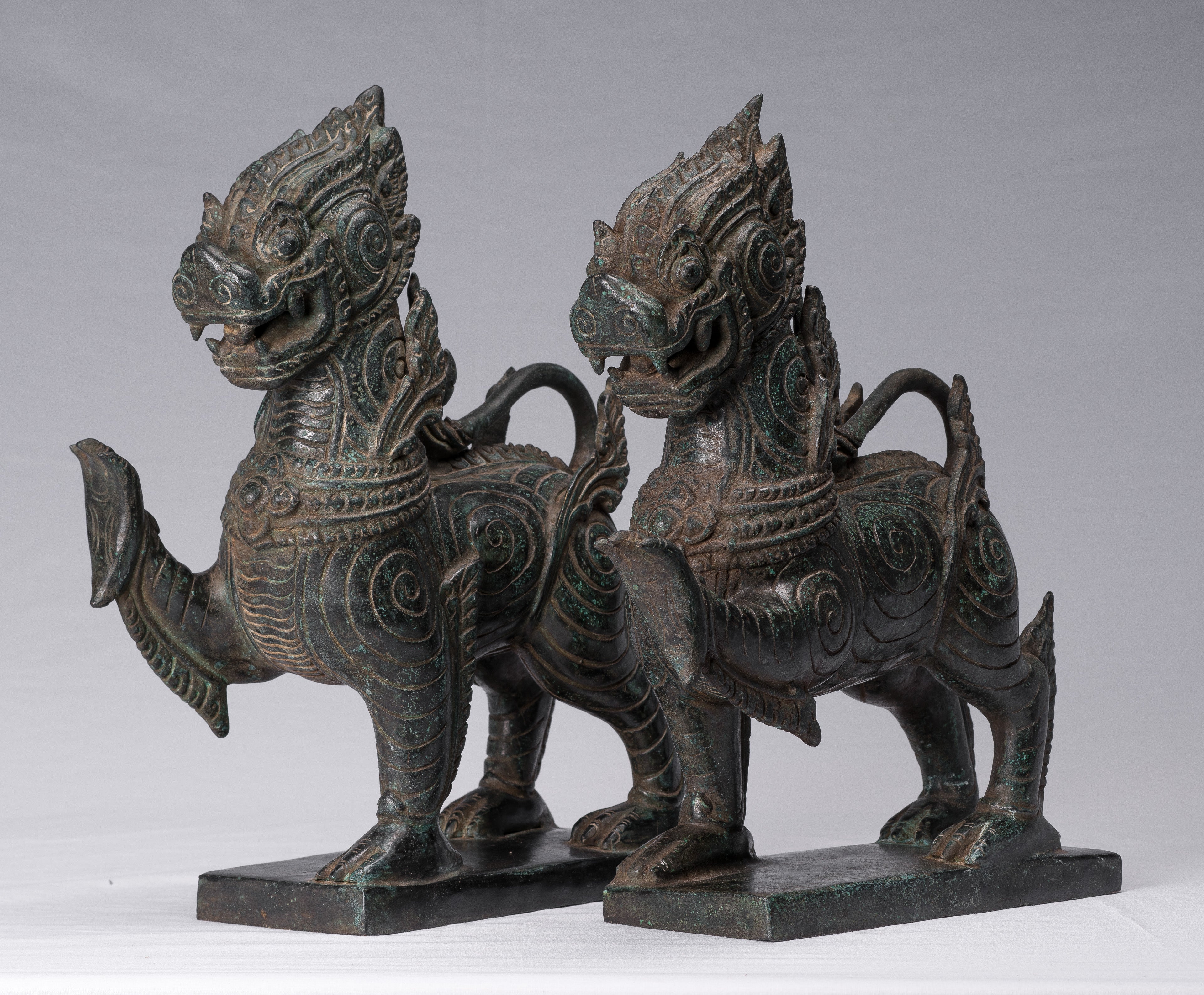 Antique Burmese Style Bronze Standing Chinthe Guardian Temple Lions - 37cm/15"