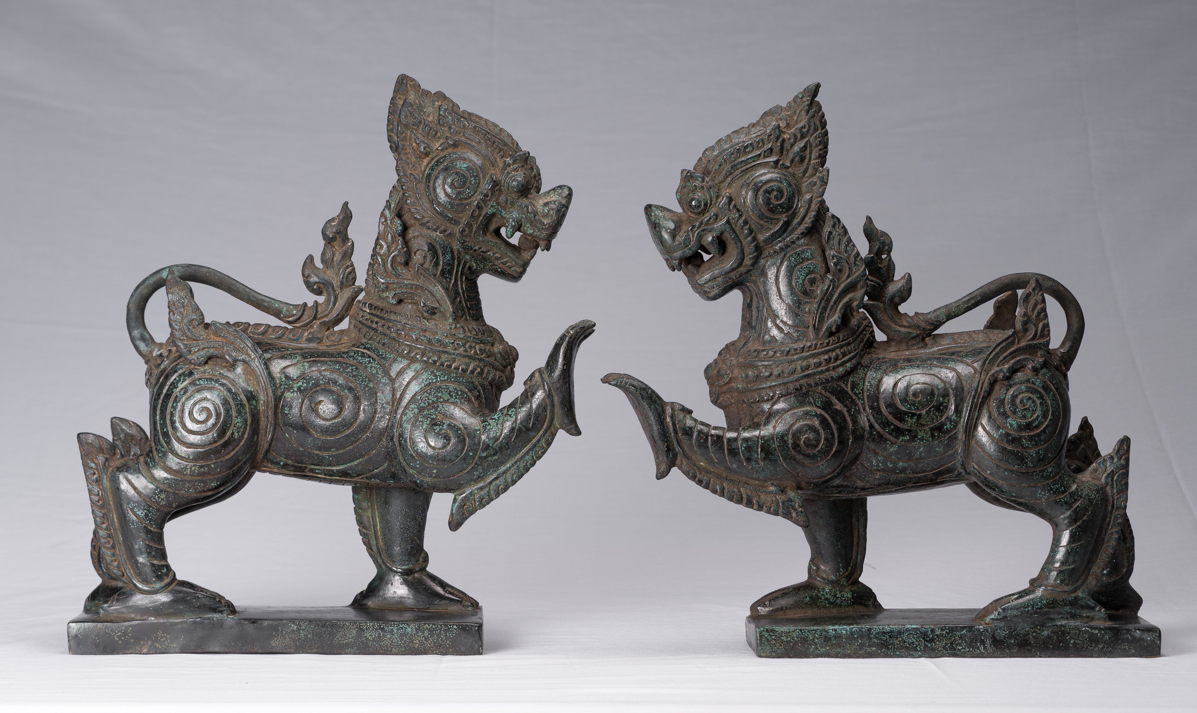 Antique Burmese Style Bronze Standing Chinthe Guardian Temple Lions - 37cm/15"