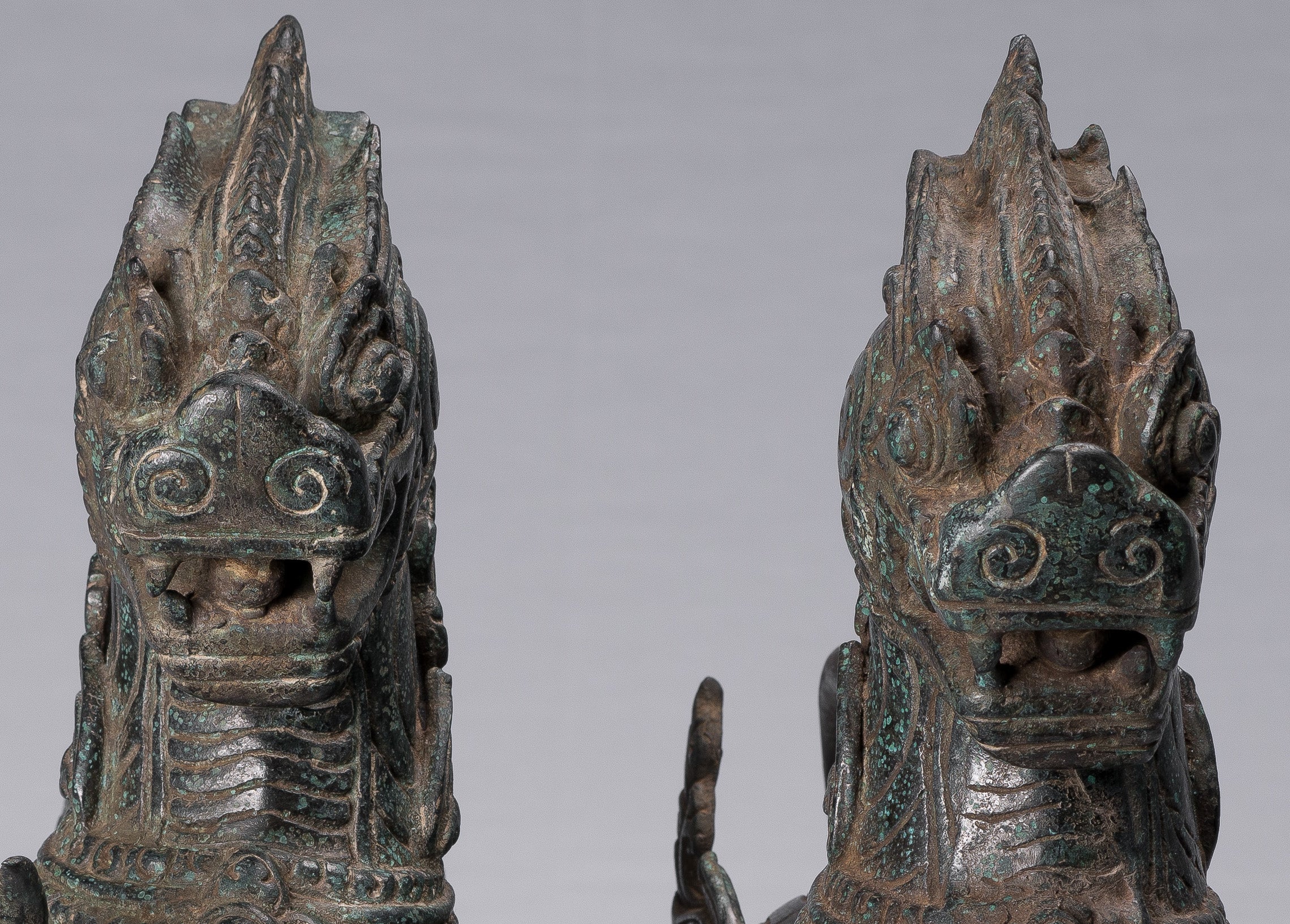 Antique Burmese Style Bronze Standing Chinthe Guardian Temple Lions - 37cm/15"