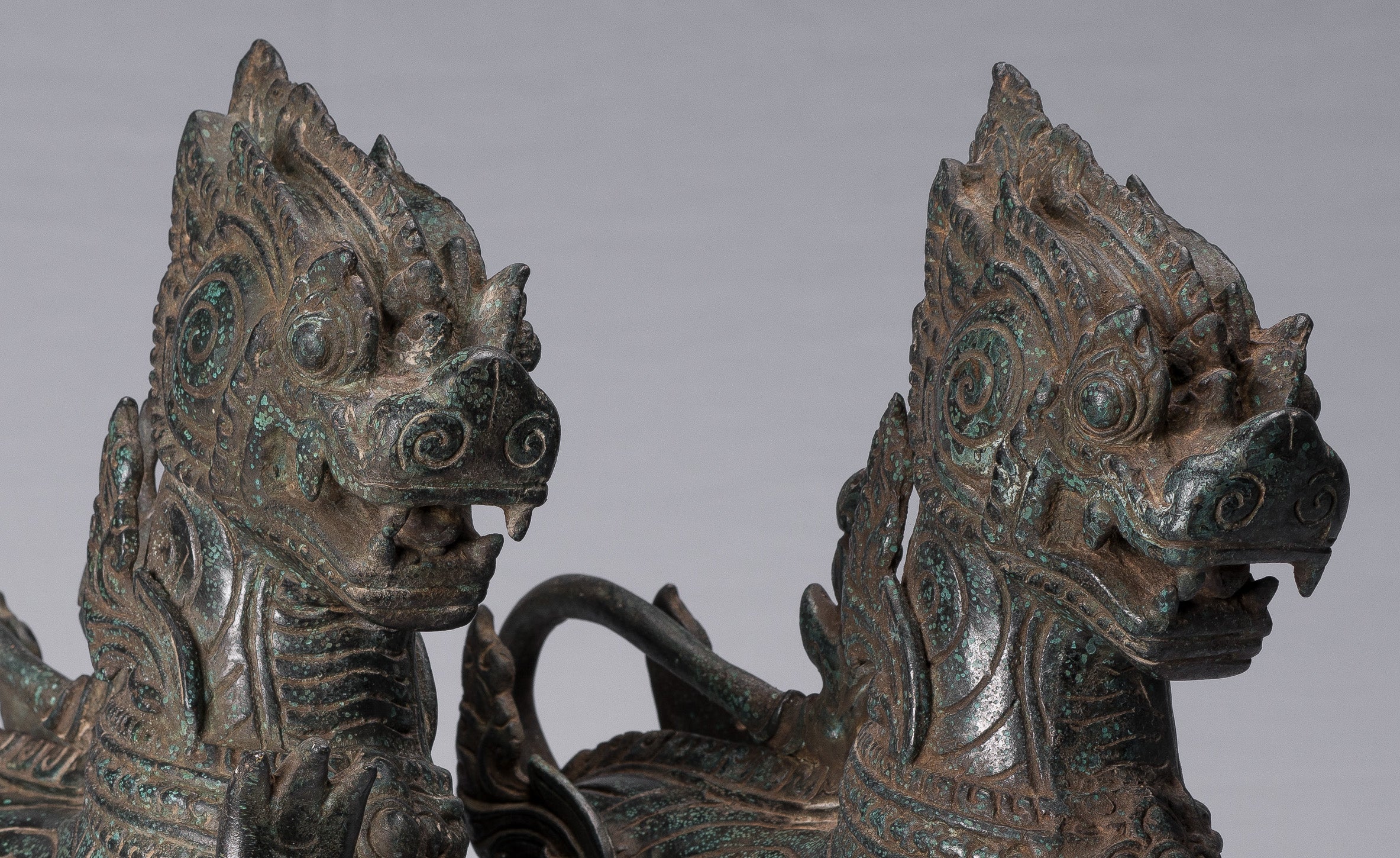 Antique Burmese Style Bronze Standing Chinthe Guardian Temple Lions - 37cm/15"