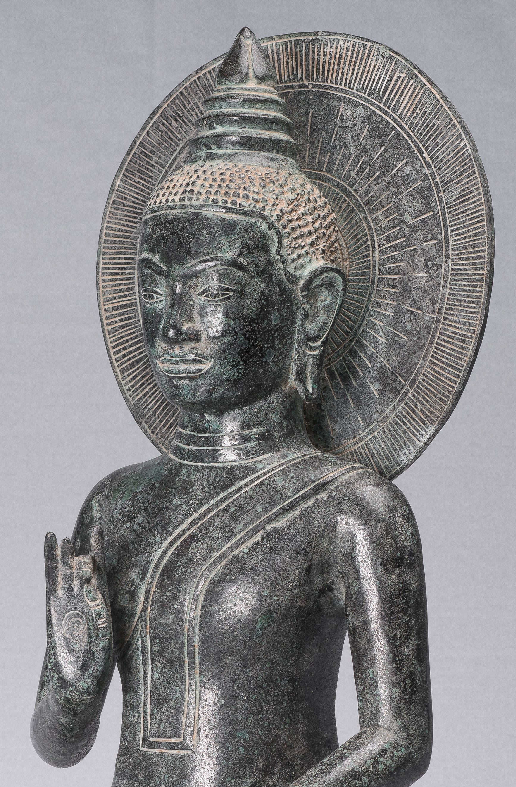 Buddha-Statue – antike Bronze-Buddha-Statue im Khmer-Stil, Dharmachakra-Lehr-Mudra – 50 cm