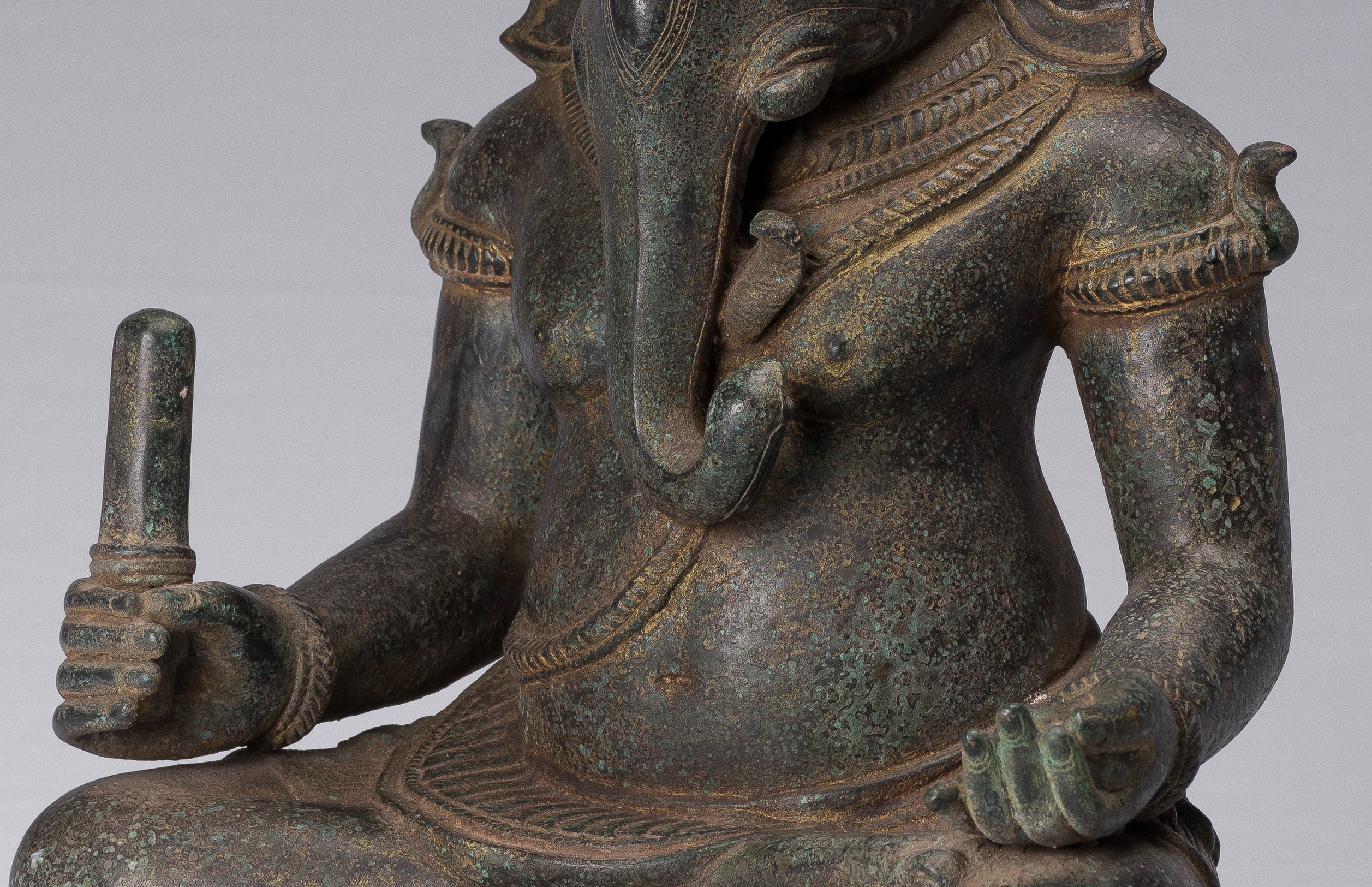 Ganesha Statue - Antique Khmer Style Post-Bayon Seated Ganesh Statue - 38cm/15"