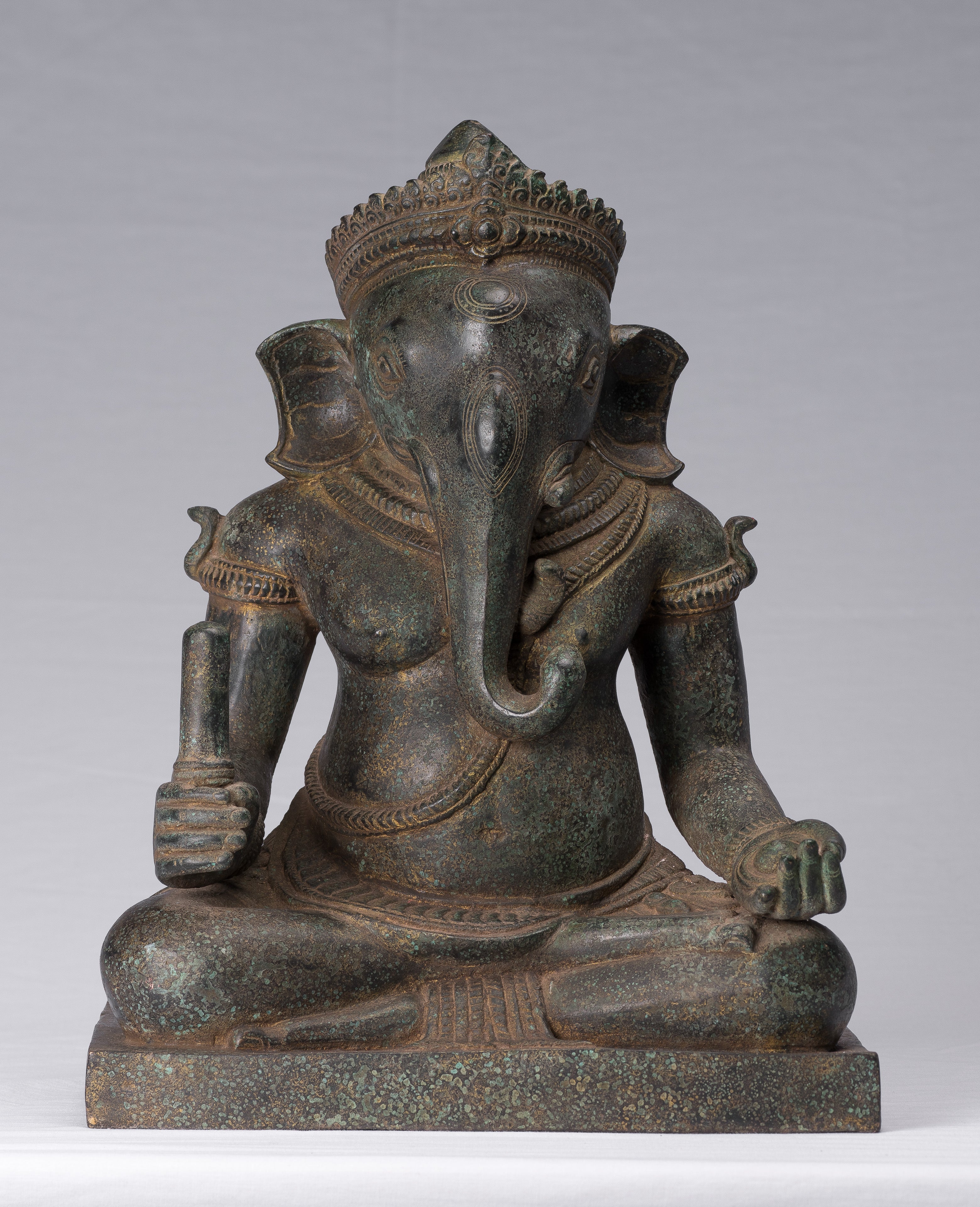Ganesha Statue - Antique Khmer Style Post-Bayon Seated Ganesh Statue - 38cm/15"