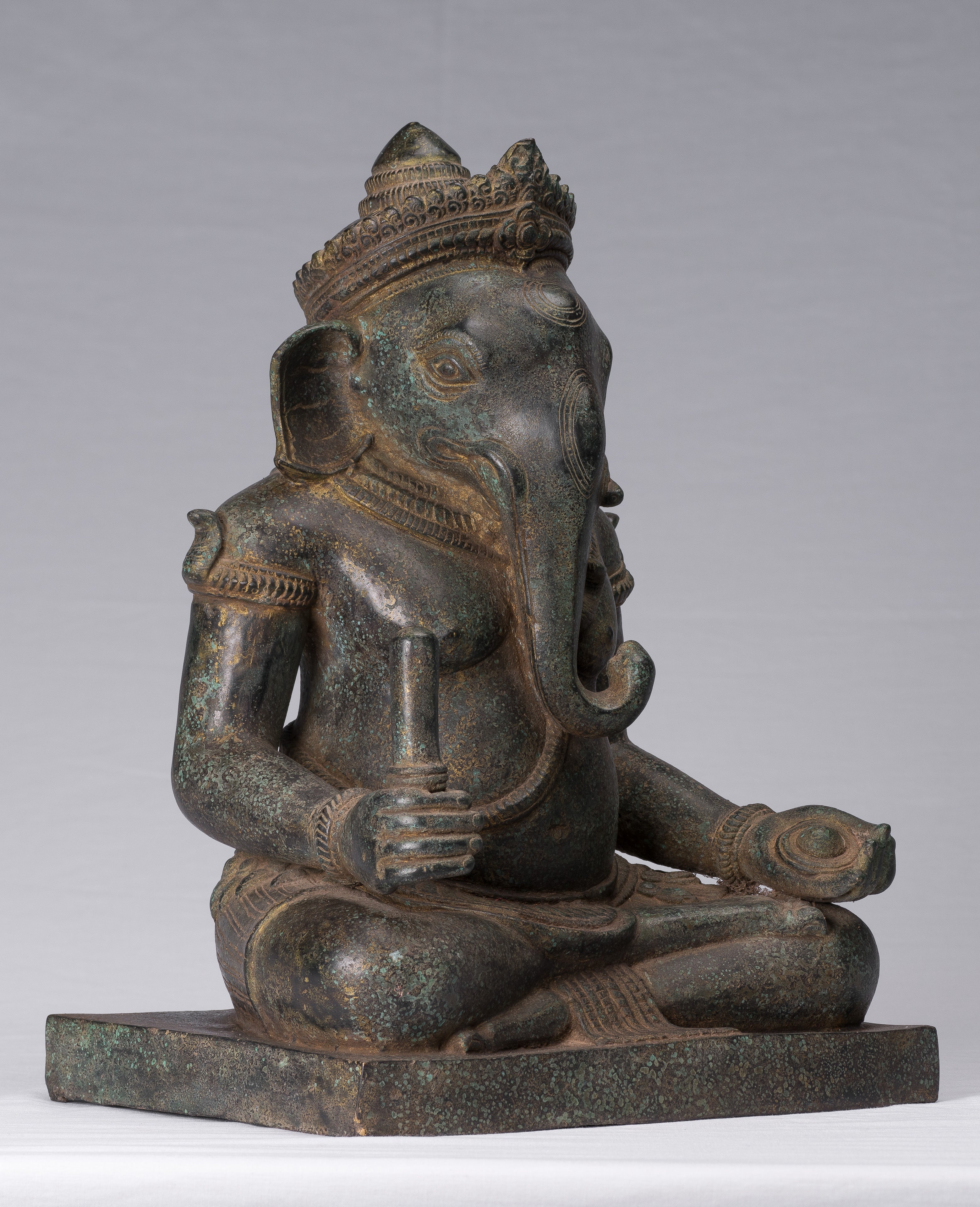 Ganesha Statue - Antique Khmer Style Post-Bayon Seated Ganesh Statue - 38cm/15"