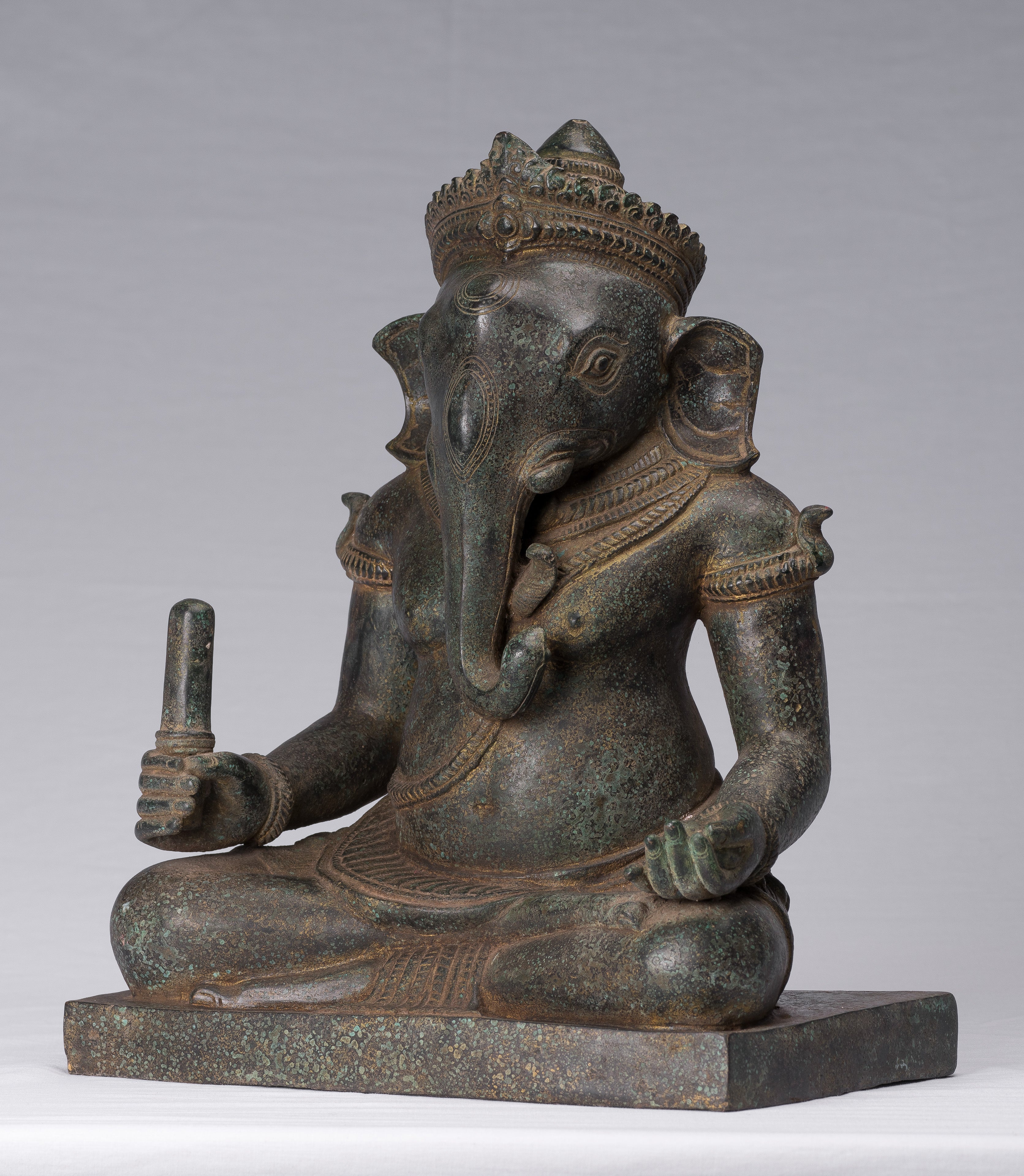 Ganesha Statue - Antique Khmer Style Post-Bayon Seated Ganesh Statue - 38cm/15"