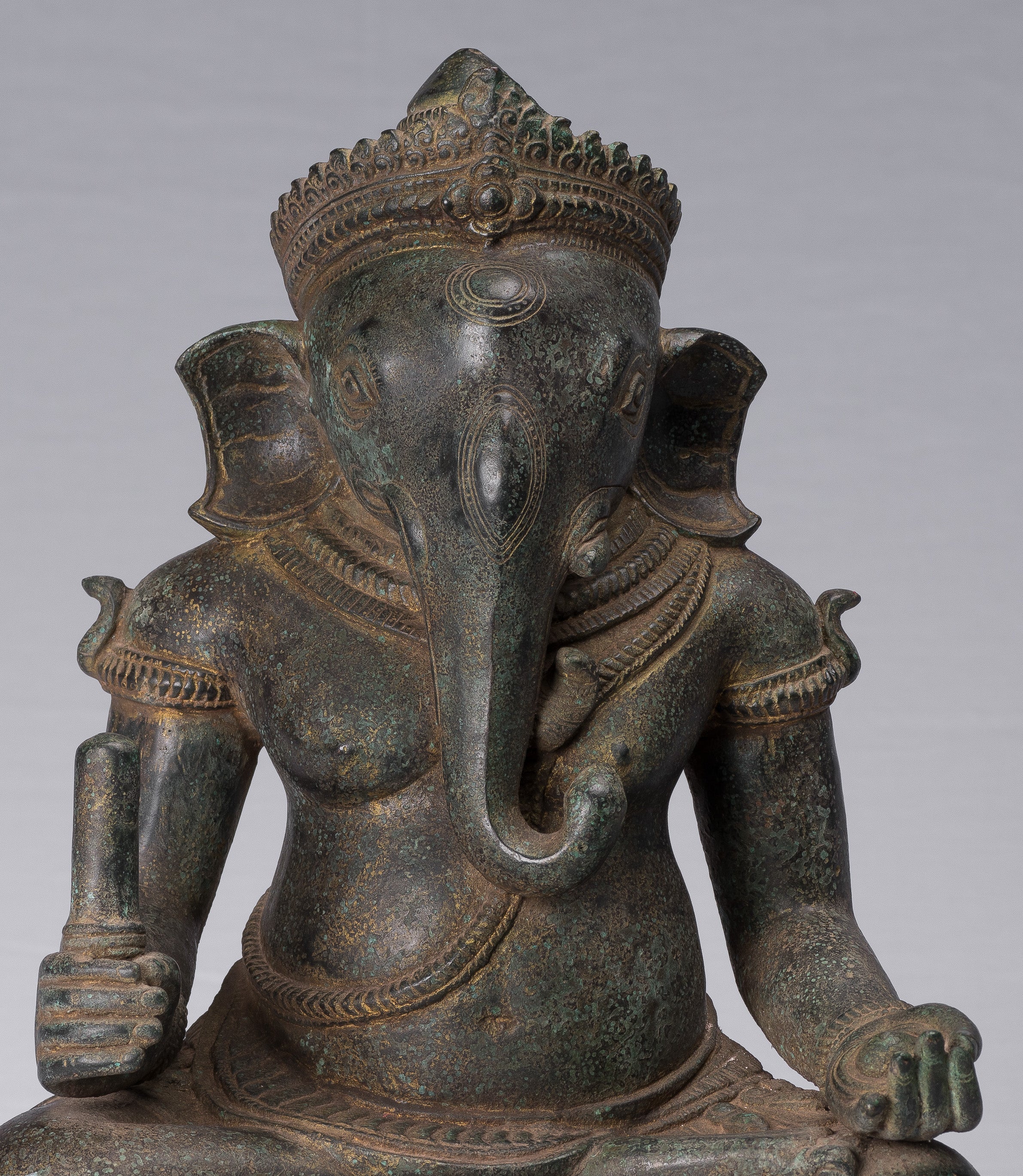 Ganesha Statue - Antique Khmer Style Post-Bayon Seated Ganesh Statue - 38cm/15"