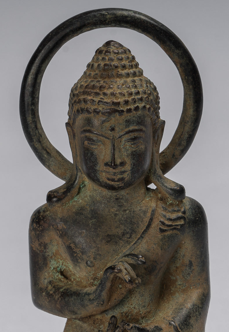Buddha Statue - Antique Indonesian Style Seated Bronze Javanese Teaching Buddha - 16cm/6"