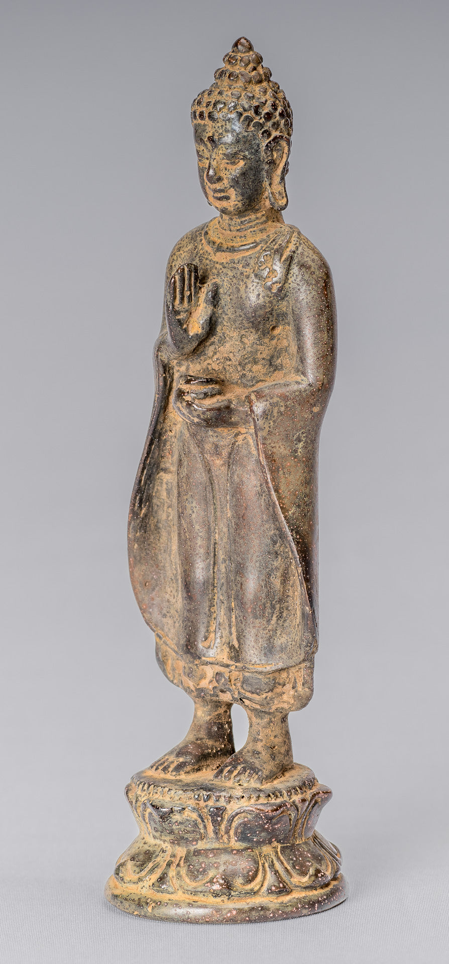 Statue de Bouddha – Statue de Bouddha de charité javanaise debout en bronze de style indonésien antique – 17 cm