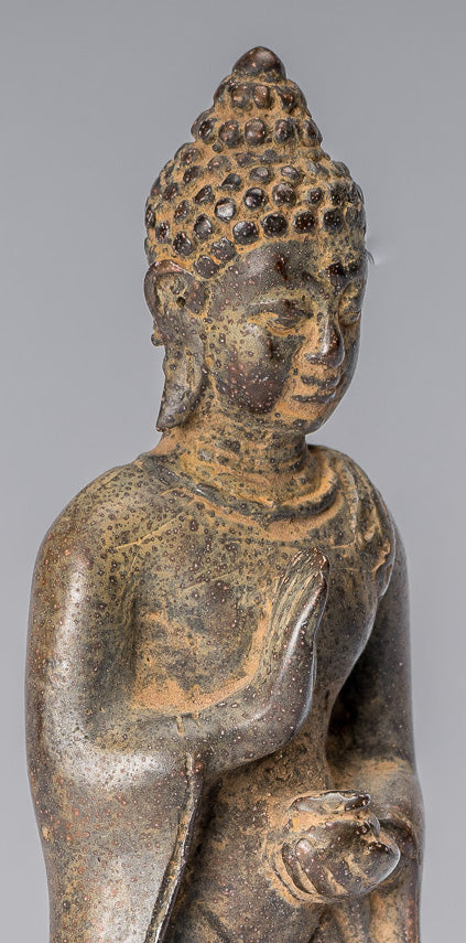 Statue de Bouddha – Statue de Bouddha de charité javanaise debout en bronze de style indonésien antique – 17 cm