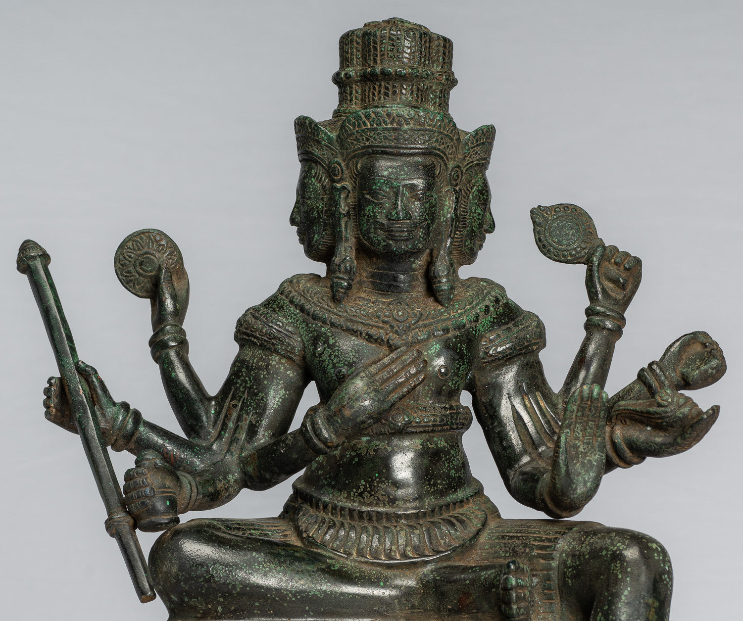 Estatua de Brahma - Antique Khmer Style Bronze 8 Arm Bayon Brahma - Creación de Dios Hindú - 35 cm/14 "