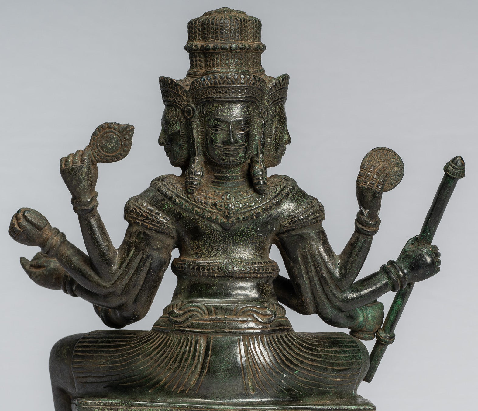 Estatua de Brahma - Antique Khmer Style Bronze 8 Arm Bayon Brahma - Creación de Dios Hindú - 35 cm/14 "
