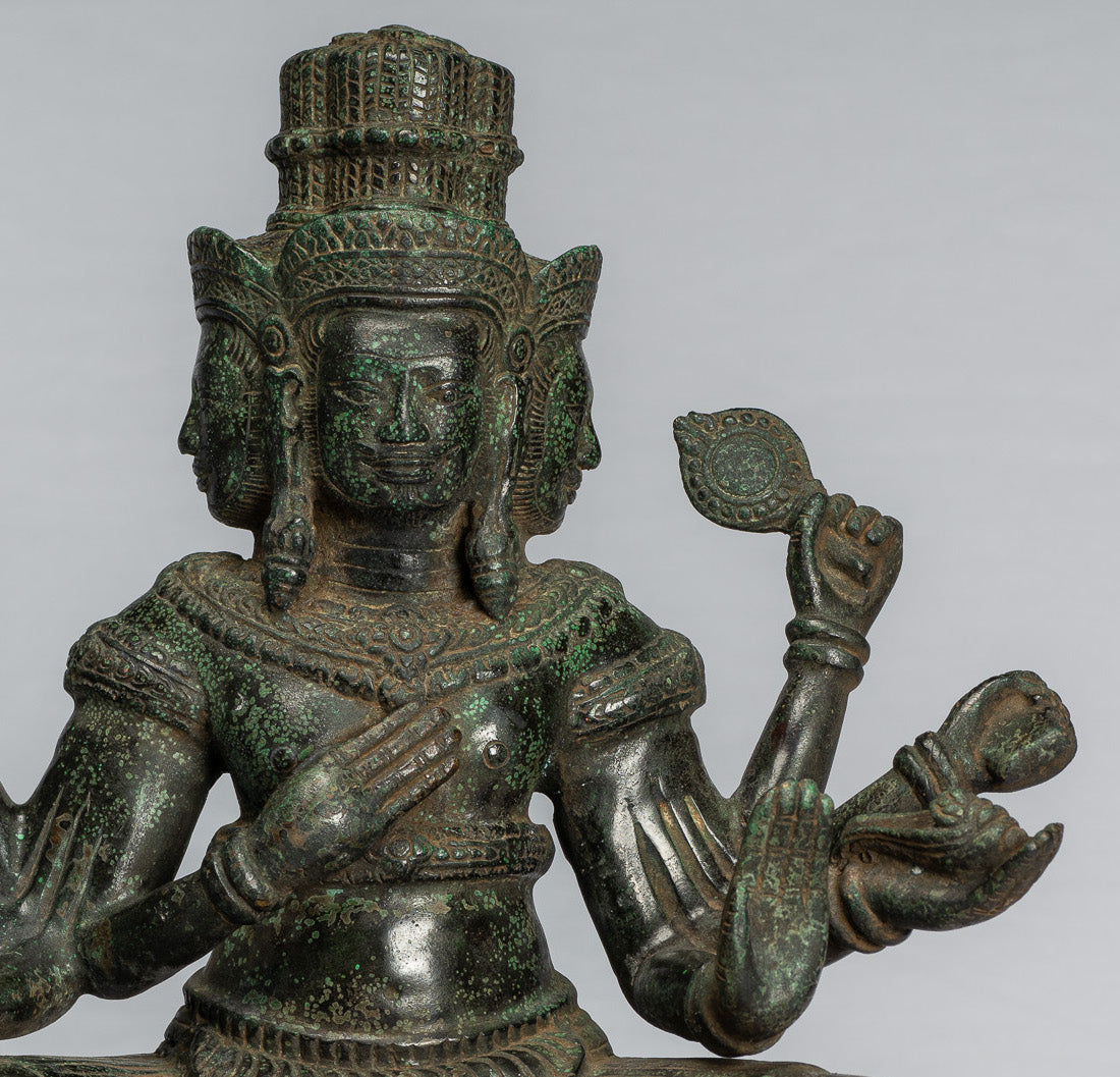 Estatua de Brahma - Antique Khmer Style Bronze 8 Arm Bayon Brahma - Creación de Dios Hindú - 35 cm/14 "