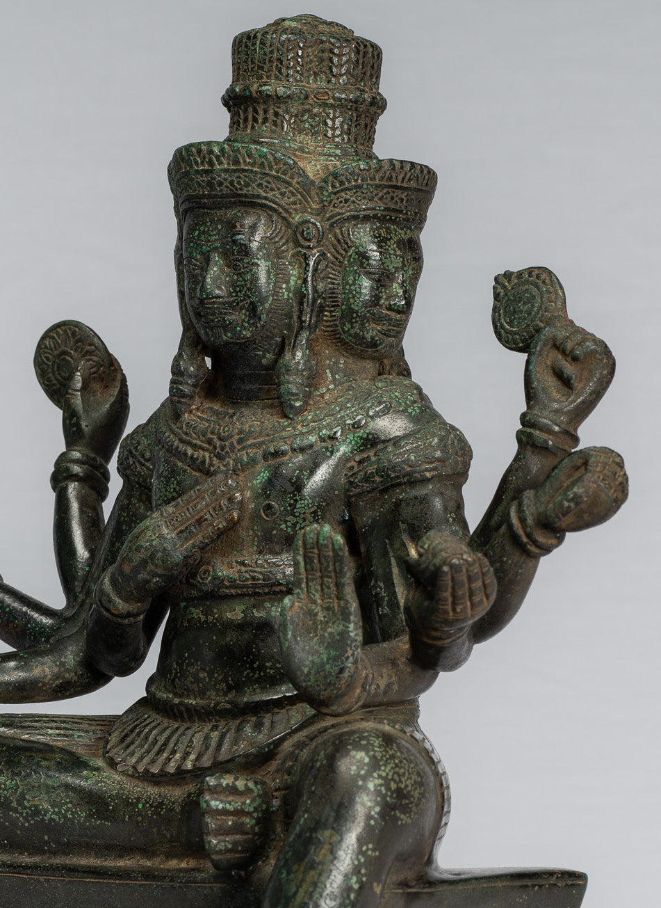 Estatua de Brahma - Antique Khmer Style Bronze 8 Arm Bayon Brahma - Creación de Dios Hindú - 35 cm/14 "