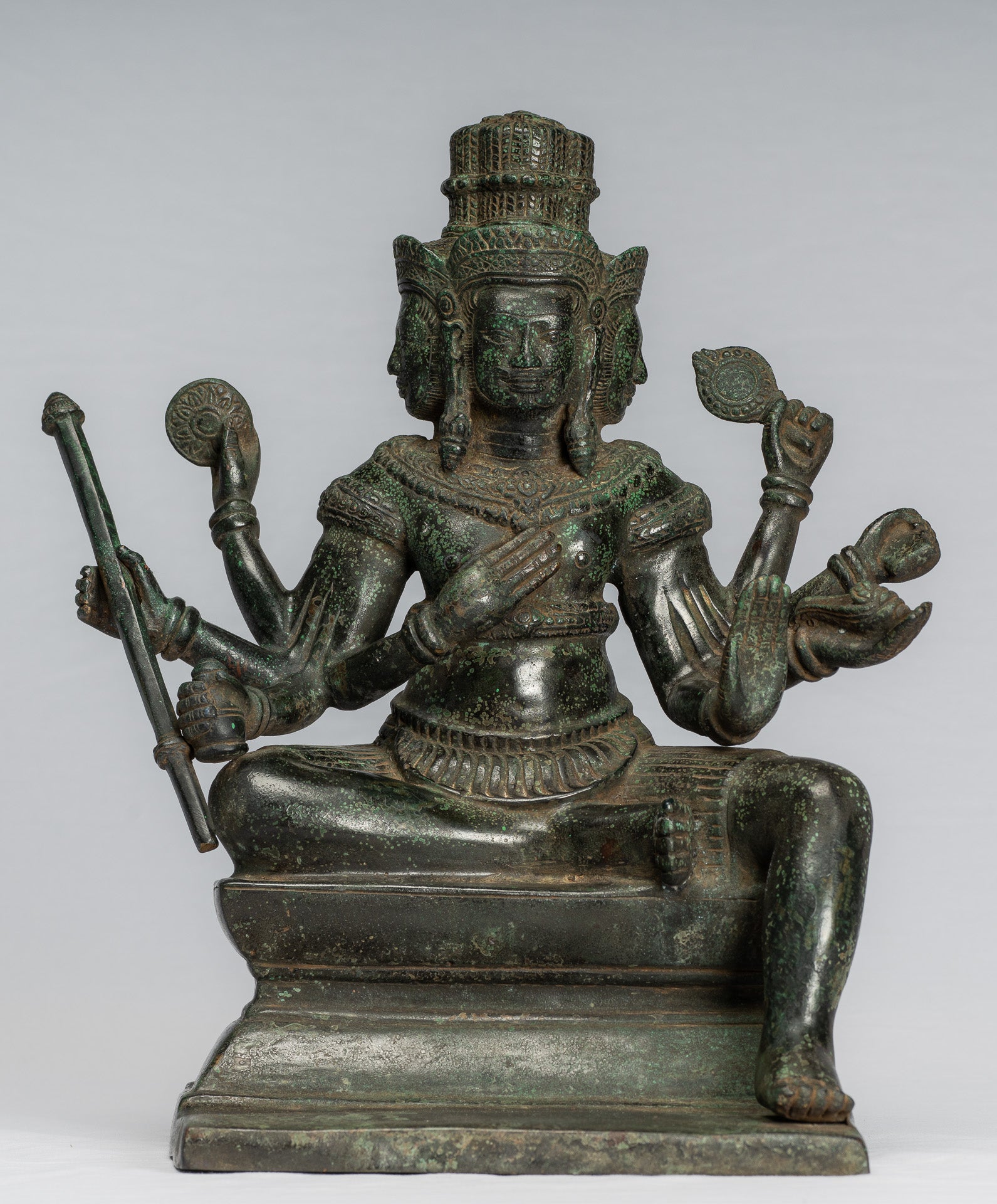 Estatua de Brahma - Antique Khmer Style Bronze 8 Arm Bayon Brahma - Creación de Dios Hindú - 35 cm/14 "