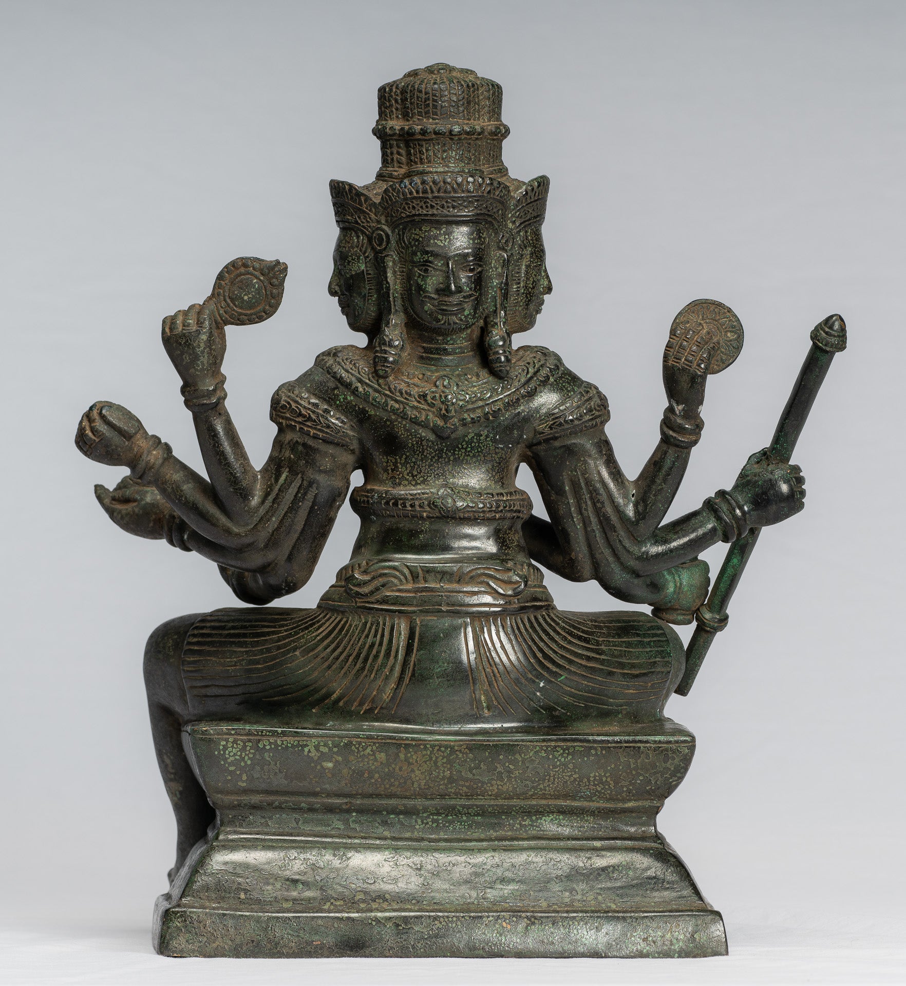 Estatua de Brahma - Antique Khmer Style Bronze 8 Arm Bayon Brahma - Creación de Dios Hindú - 35 cm/14 "