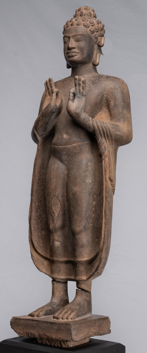 Buddha Statue - Antique Thai Style Standing Stone Dvaravati Buddha Statue - 102cm/41" Tall