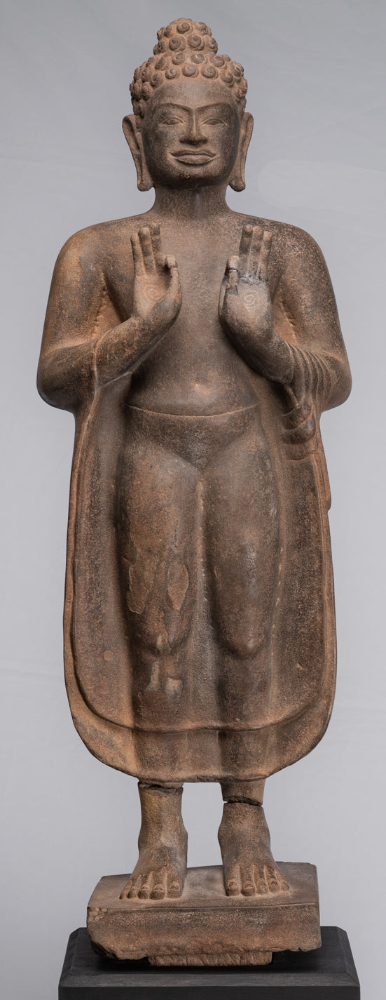 Buddha Statue - Antique Thai Style Standing Stone Dvaravati Buddha Statue - 102cm/41" Tall