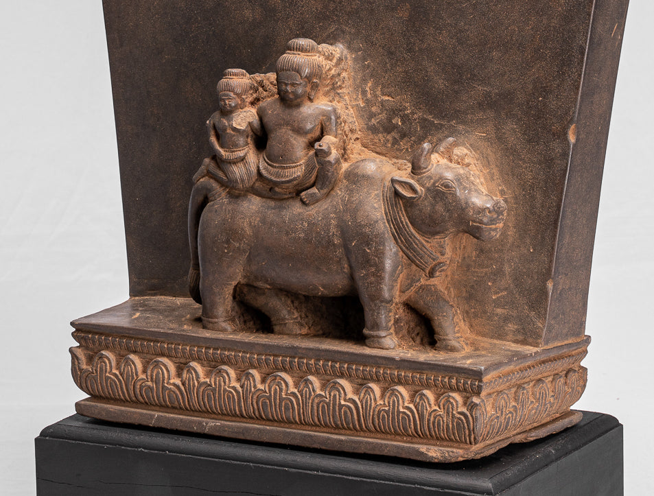 Antique Baphuon Style Stone Khmer Sanskrit Stele with Nandi - 72cm / 29"