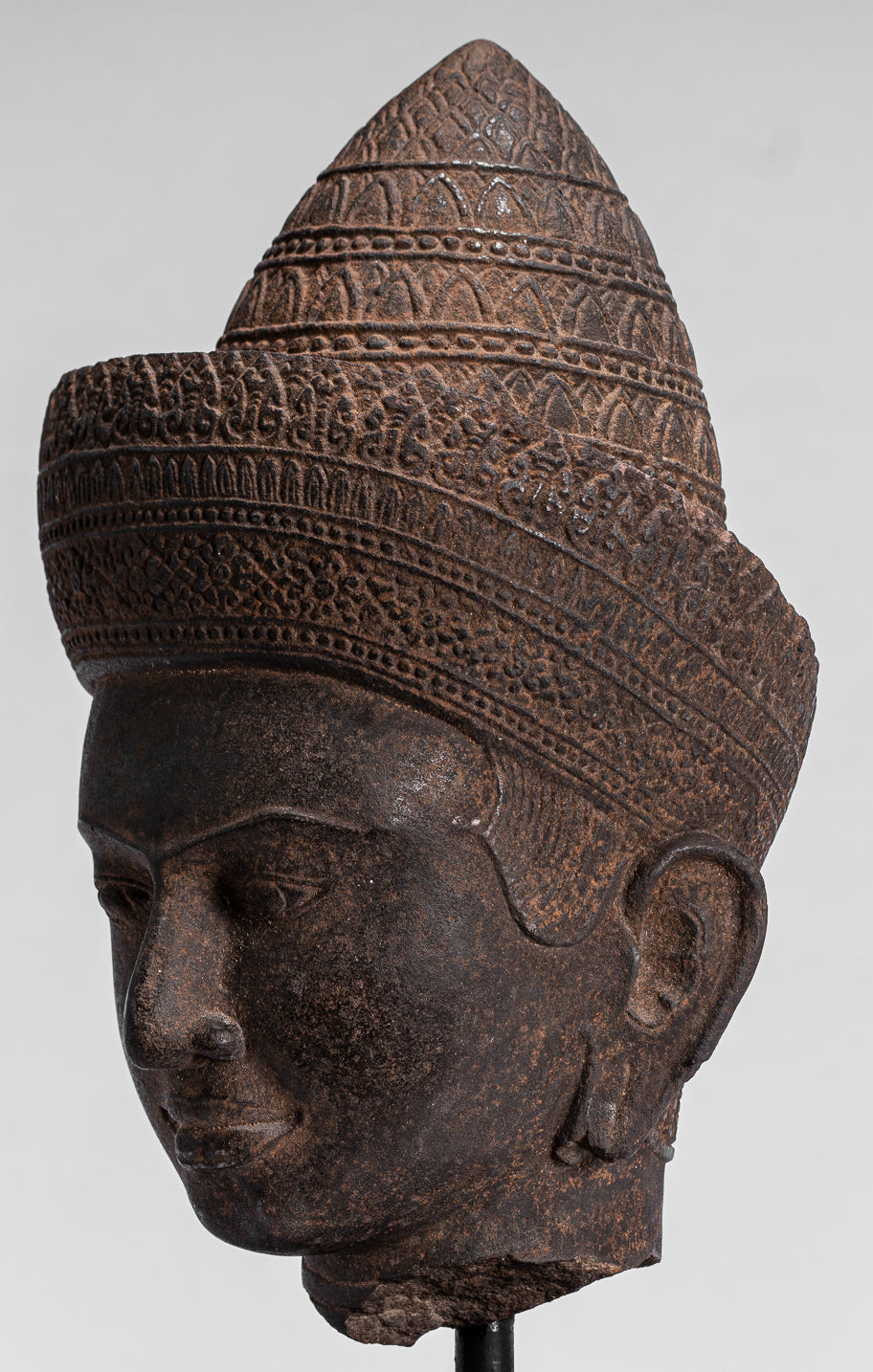 Buddha Statue - Antique Angkor Wat Style Stone Mounted Khmer Buddha Head - 42cm / 17"