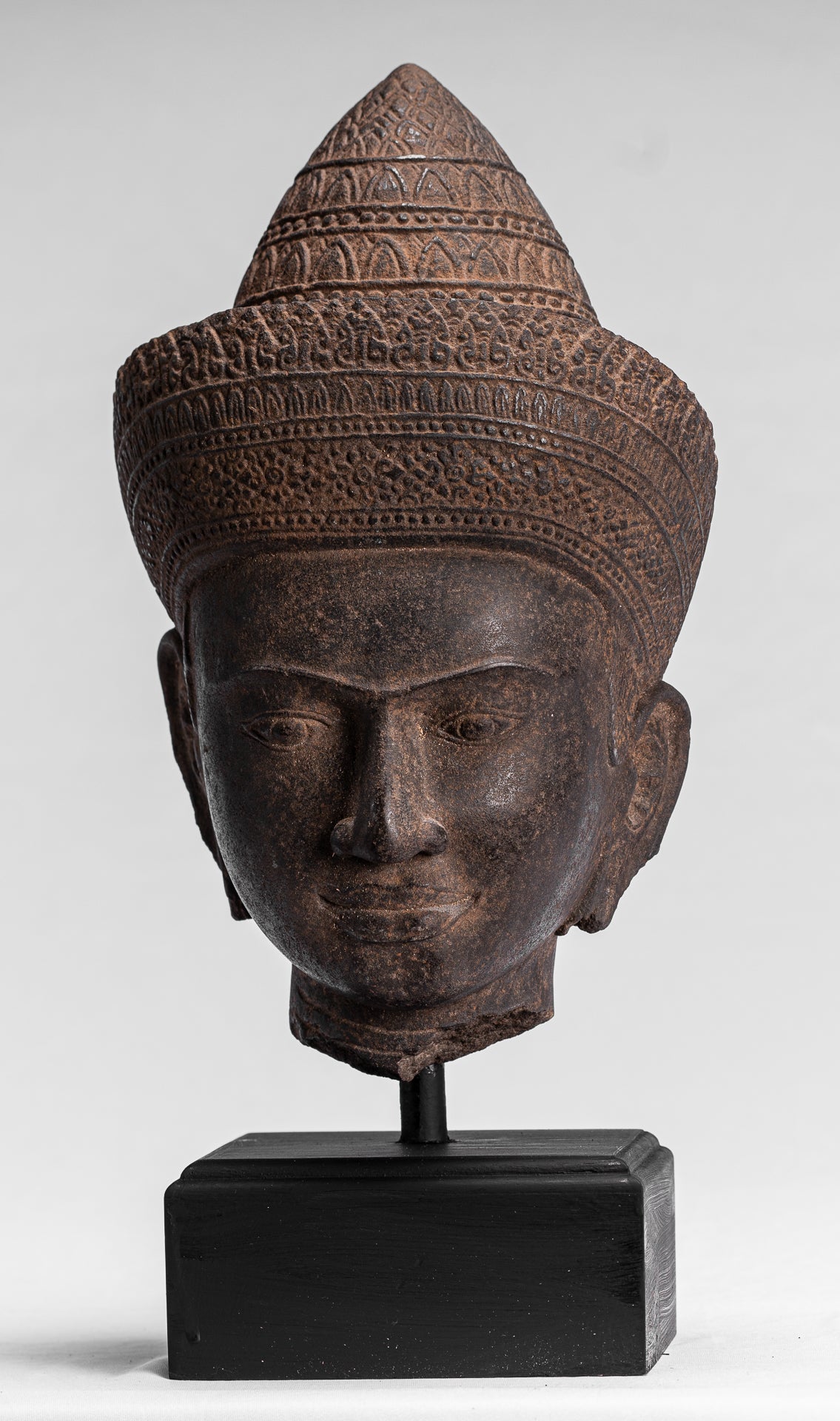 Buddha Statue - Antique Angkor Wat Style Stone Mounted Khmer Buddha Head - 42cm / 17"