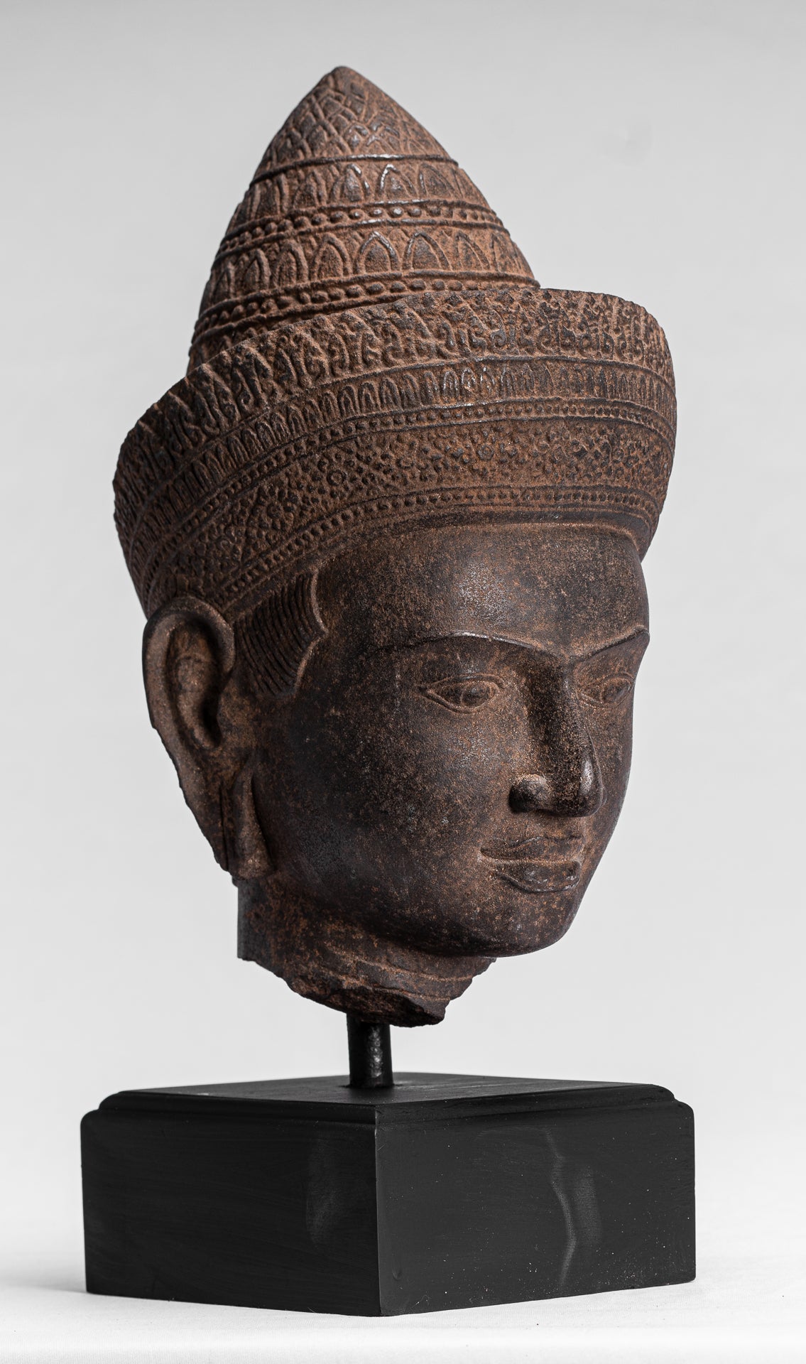 Buddha Statue - Antique Angkor Wat Style Stone Mounted Khmer Buddha Head - 42cm / 17"