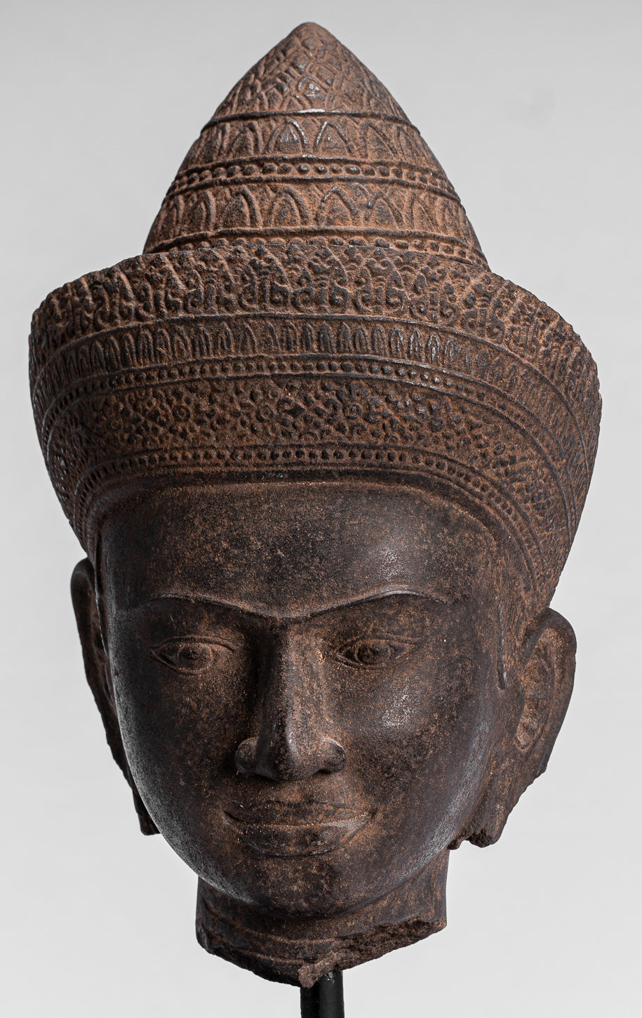 Buddha Statue - Antique Angkor Wat Style Stone Mounted Khmer Buddha Head - 42cm / 17"