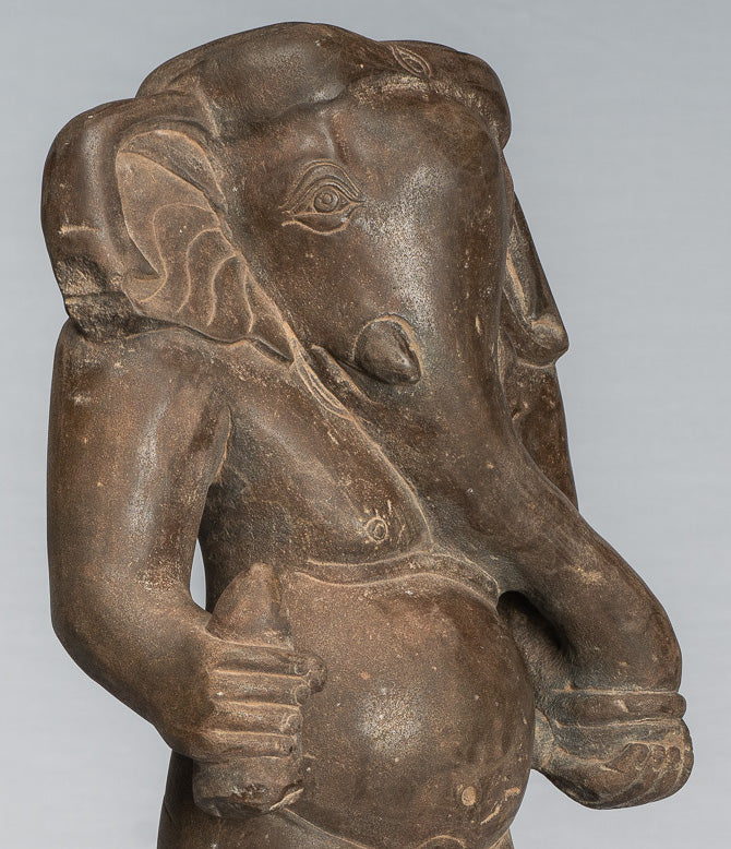 Ganesha Statue - Antique Vietnamese Style Stone Cham Mounted Ganesha Torso Statue - 64cm/26"