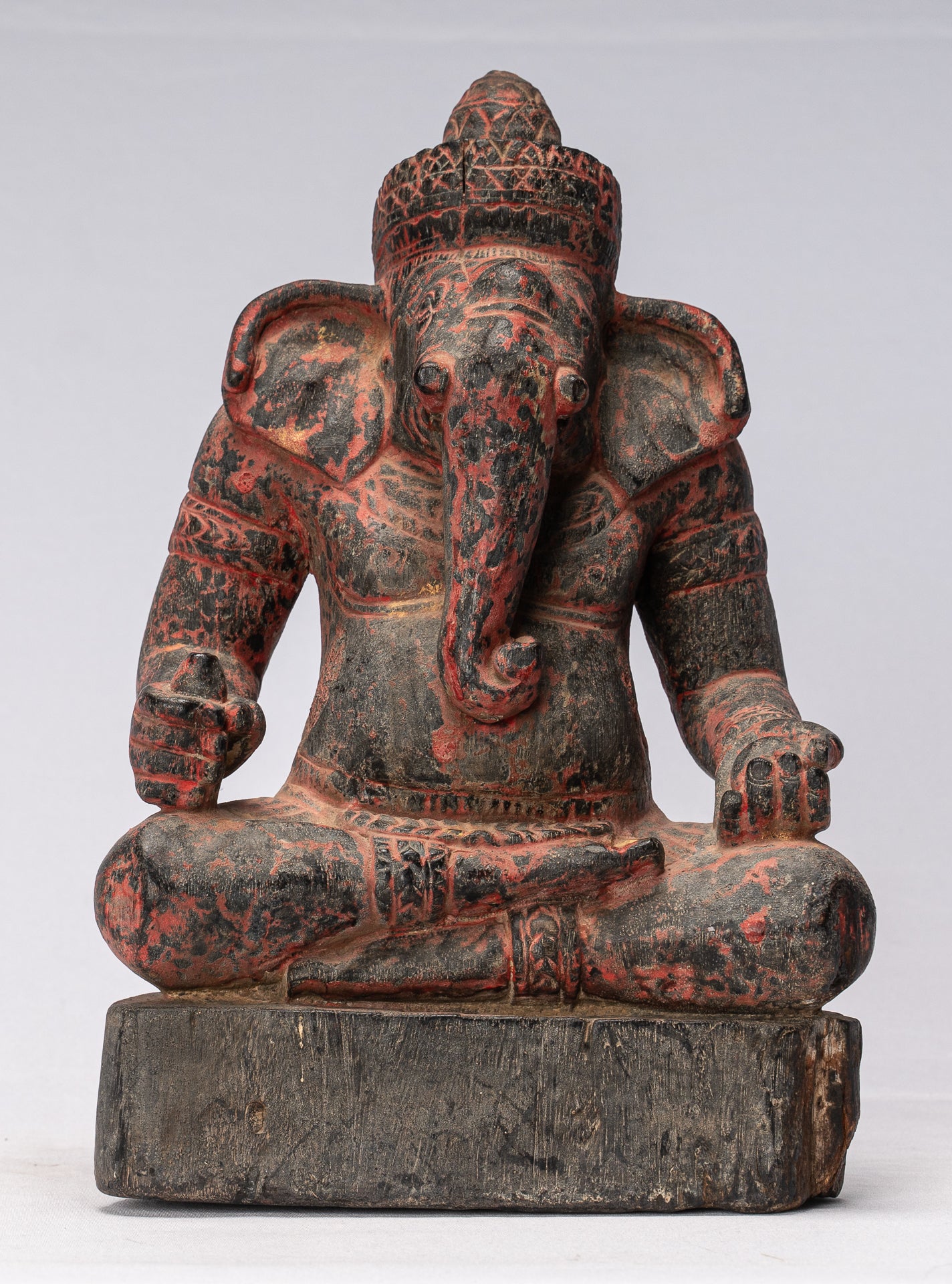 Ganesha Statue - Khmer Style Wood Seated Ganesh Statue - 29cm/12"