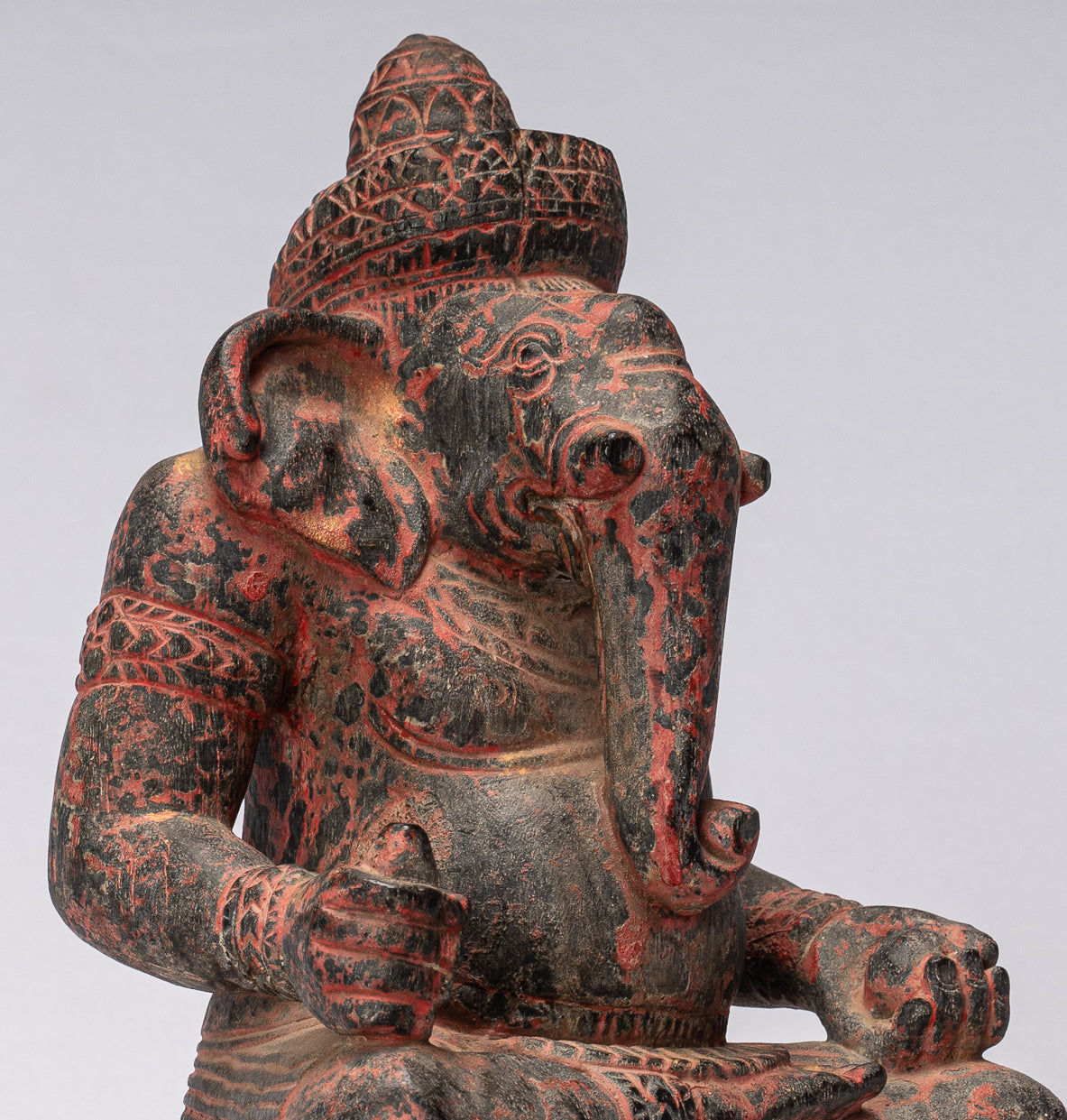 Ganesha Statue - Khmer Style Wood Seated Ganesh Statue - 29cm/12"