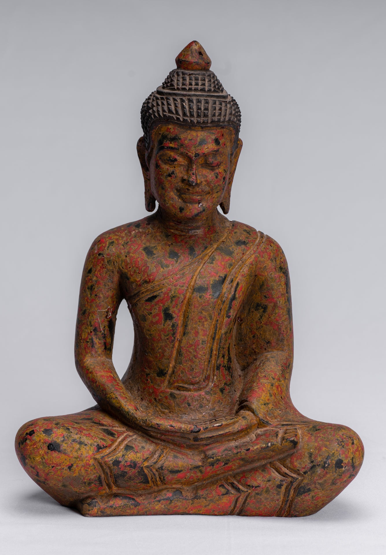 Buddha Sculpture - Antique Khmer Style Wood Seated Buddha Statue Dhyana Meditation Mudra - 26cm/10"