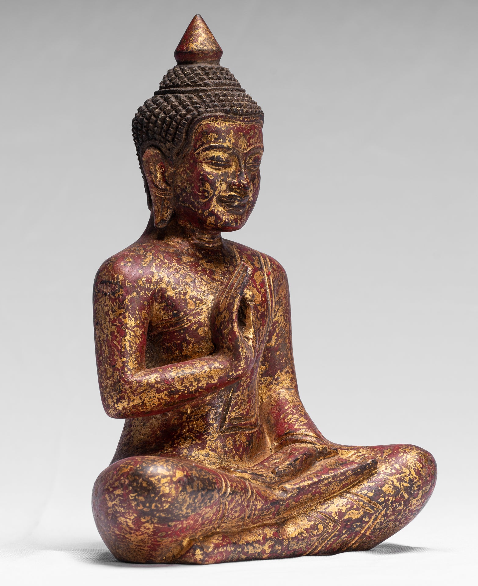 Buddha Sculpture - Buddha - Antique Khmer Style Seated Wood Buddha Statue Teaching Mudra - 26cm/10"