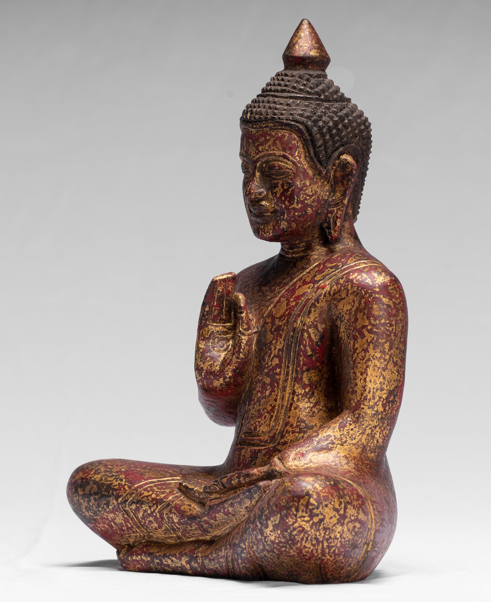 Buddha Sculpture - Buddha - Antique Khmer Style Seated Wood Buddha Statue Teaching Mudra - 26cm/10"
